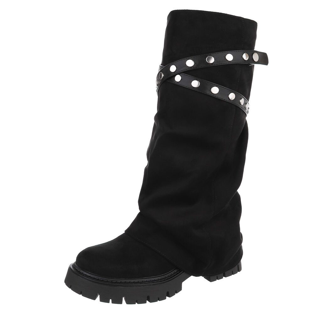 Ital-Design Damen Kniehoher Stiefel mit Nieten-Details und Profilsohle Plateaustiefel (92299620) Blockabsatz Stiefel in Schwarz