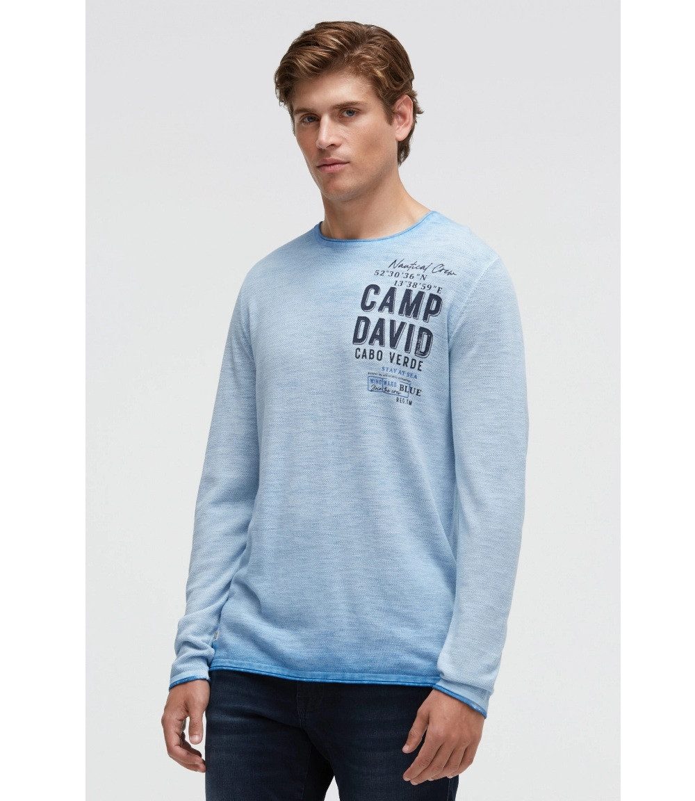 CAMP DAVID Rundhalspullover Pullover Inside Oil Dyed mit Logo Print electric sky Rollsaum