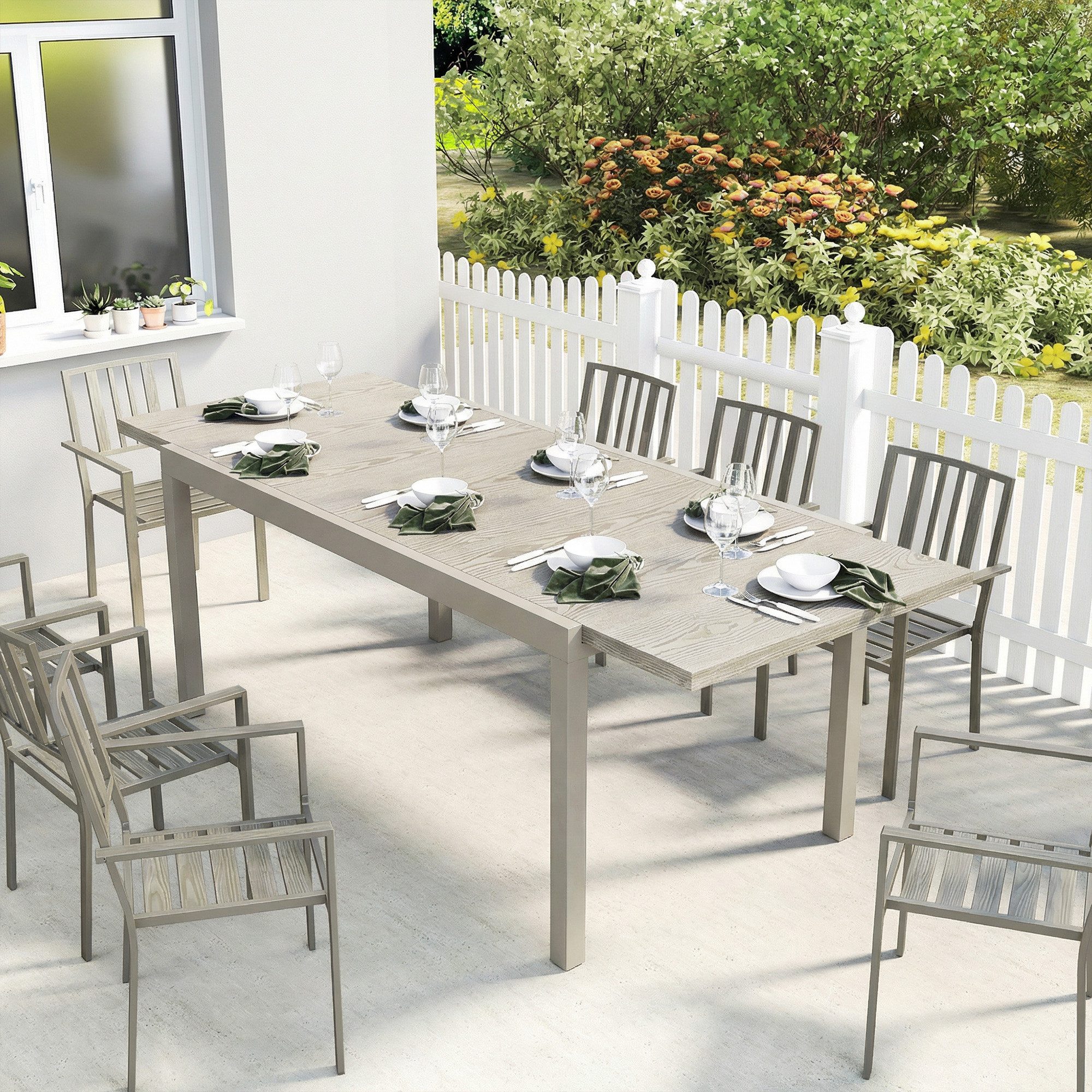 Outsunny Gartentisch mit Holzoptik (Balkontisch, 1-St., Aluminium Esstisch), für Garten Balkon Terrasse Hellgrau