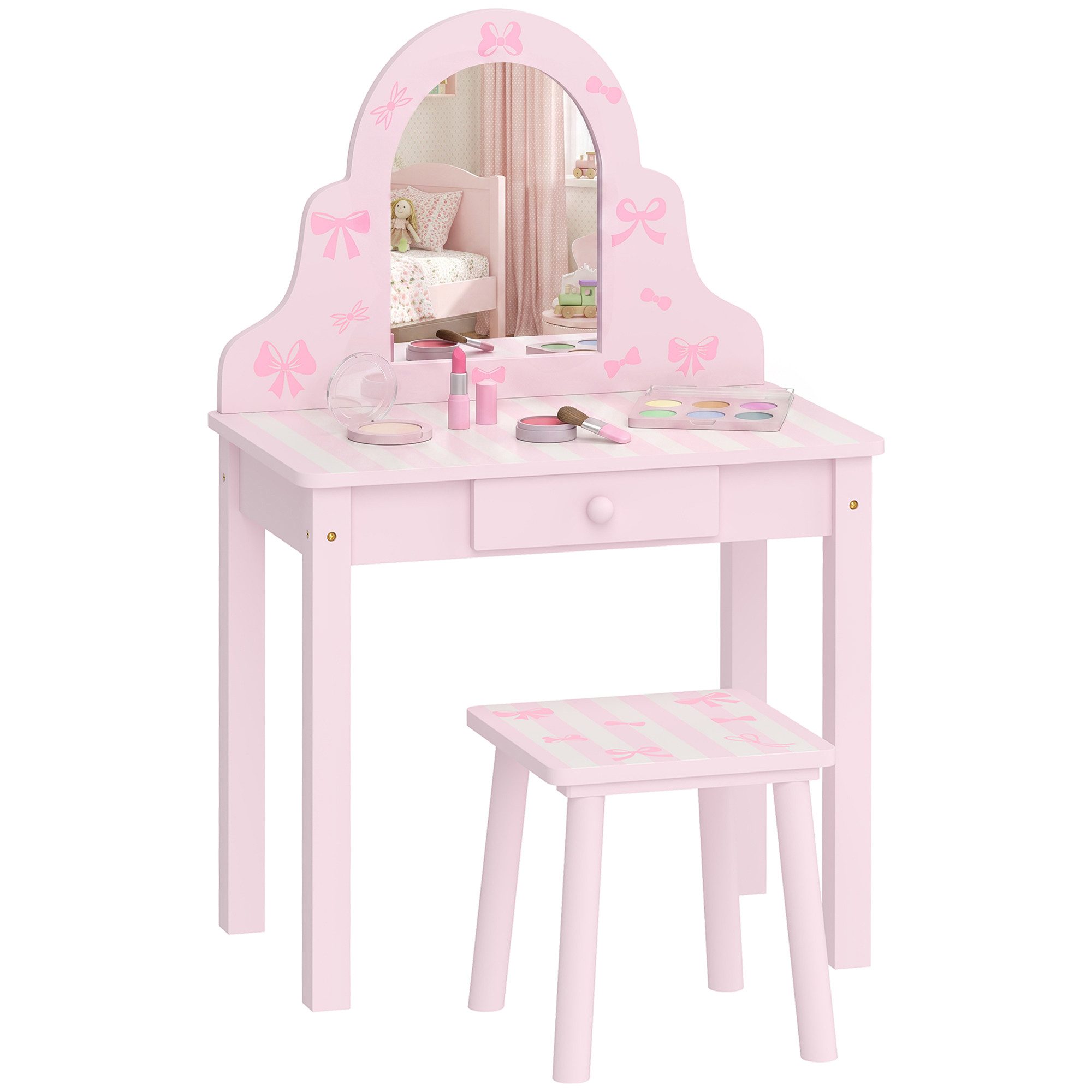AIYAPLAY Schminktisch 2 in1 Frisiertisch Schreibtisch mit Hocker abnehmbar Spiegel Schublade (Make-up Tisch, 1-St., Kinderschminktisch), für Mädchen 3-6 Jahre Rosa