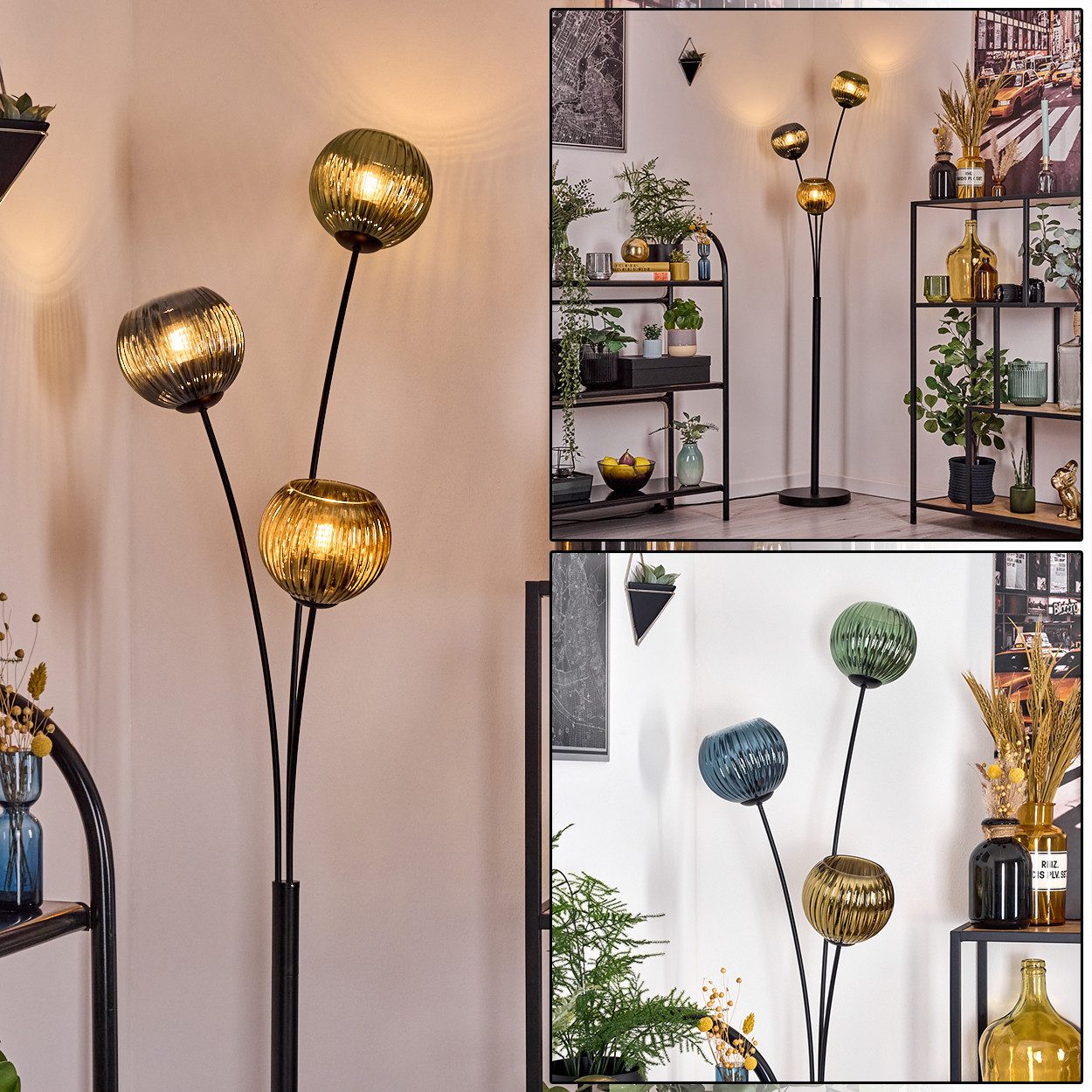 hofstein Stehlampe Stehlampe aus Metall/Riffelglas in Schwarz/Grün/Blau/Goldfarben, Stehleuchte Retro/Vintage, Ø Schirme 15 cm, Fußschalter, 170 cm, E14