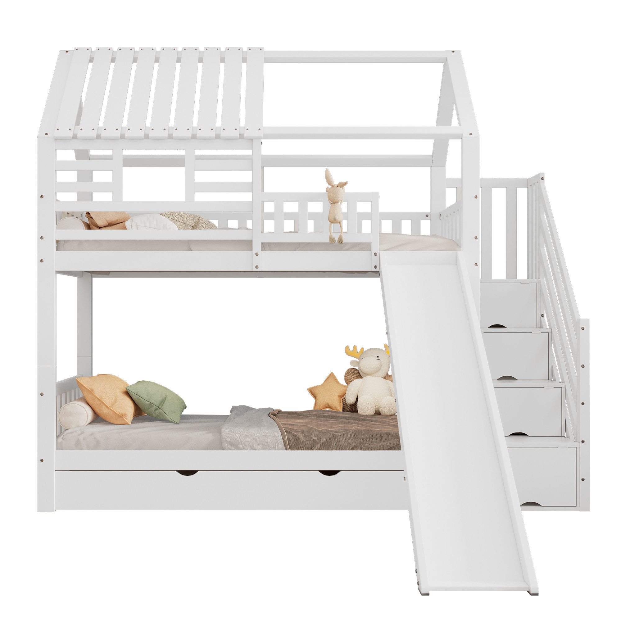 Etagenbett Hausbett mit Treppe und Rutsche, Hausbett, Treppe mit Stauraum