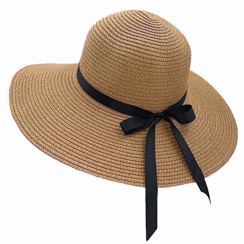HUGERSTONE Sonnenhut Strohhut, Sonnenhut Damen Faltbar, Sommerhut Strandhut mit Bogenkante (1-St) Strohhut damen mit Zierband, Maximaler Kopfumfang 60 cm, Einheitgröße