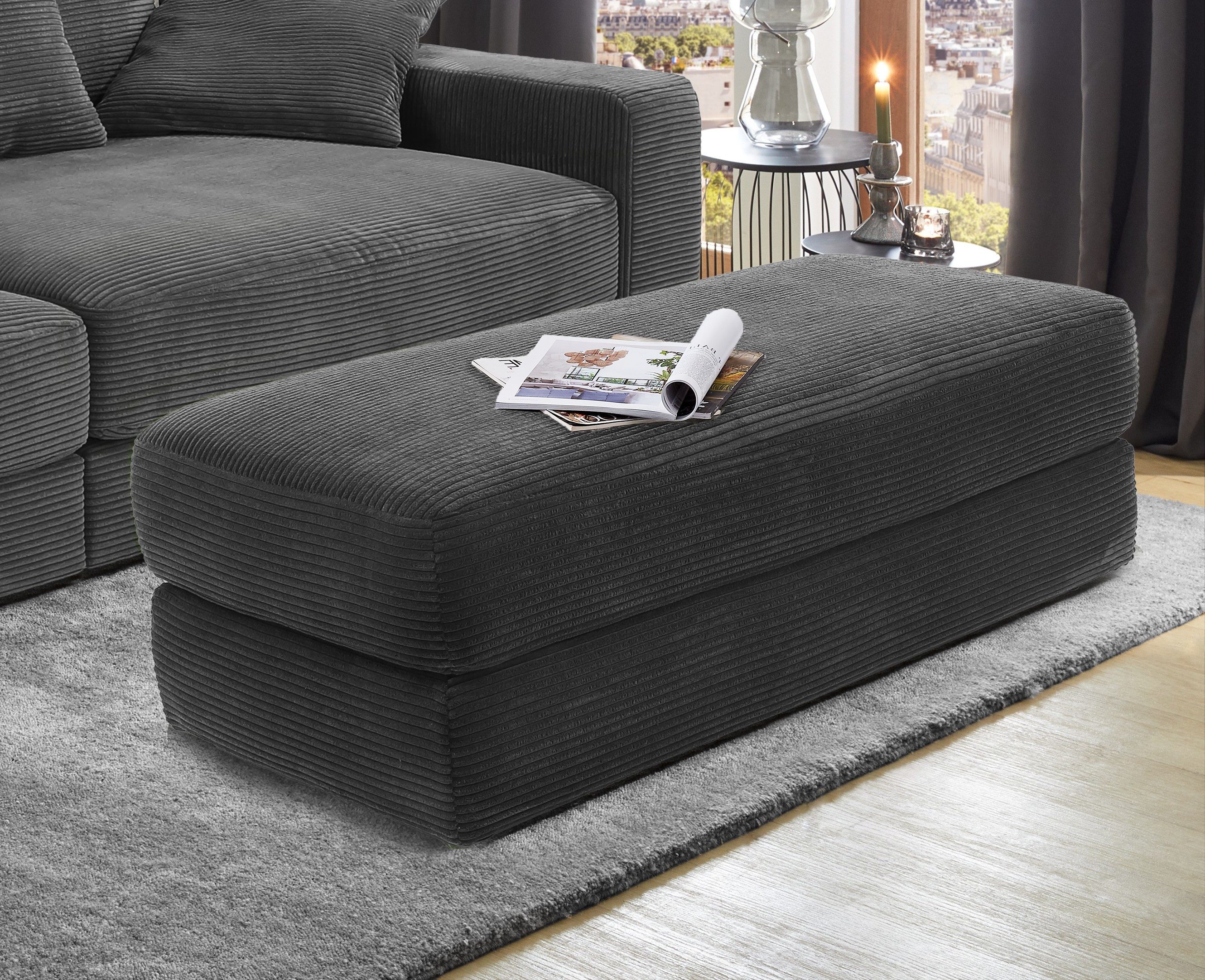 luma-home Polsterhocker 15255 (B124/T60/H40 cm, Bonellfederkern-Polsterung), Sitzbank Designerhocker, robuster Cord-Bezug Dunkelgrau