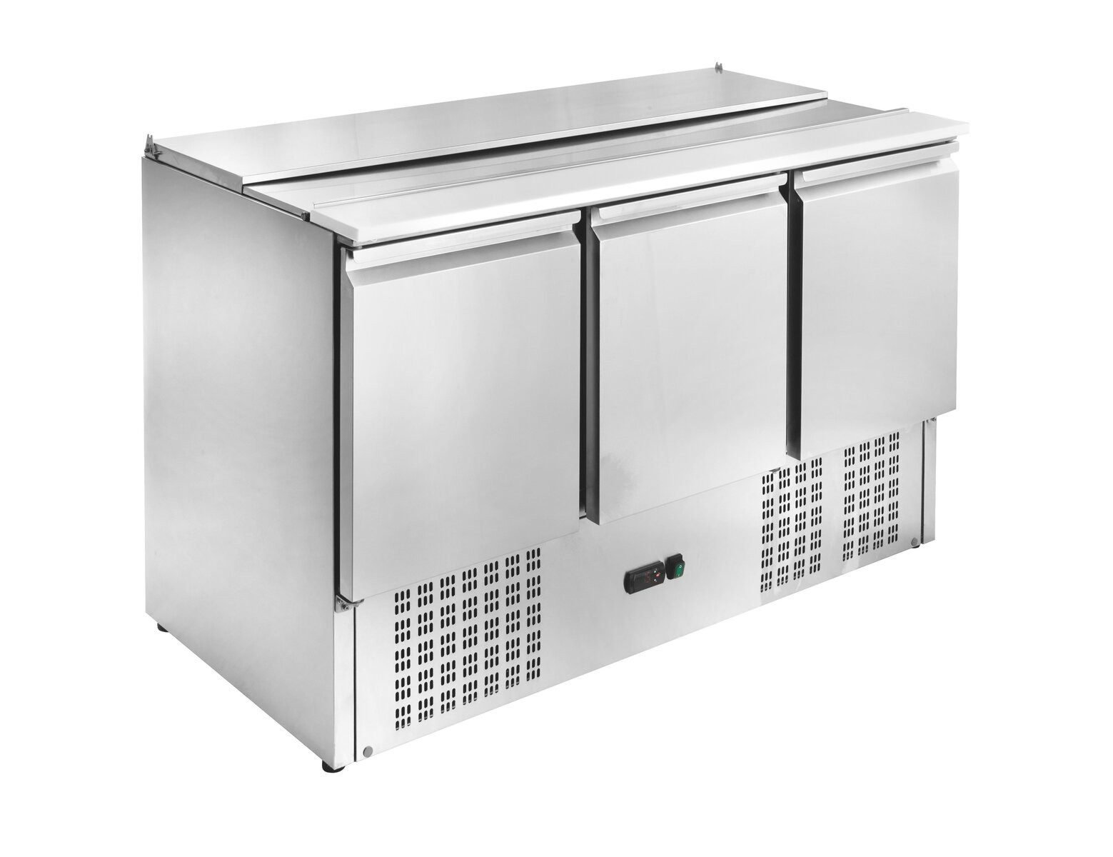 GastroHero Dönergrill Saladette - 3 Türen - 368 Liter - Klappdeckel - Kunststoffschneidebret, 435 W, Fixierbarer Klappdeckel, Kunststoffschneidebrett, digitale Anzeige