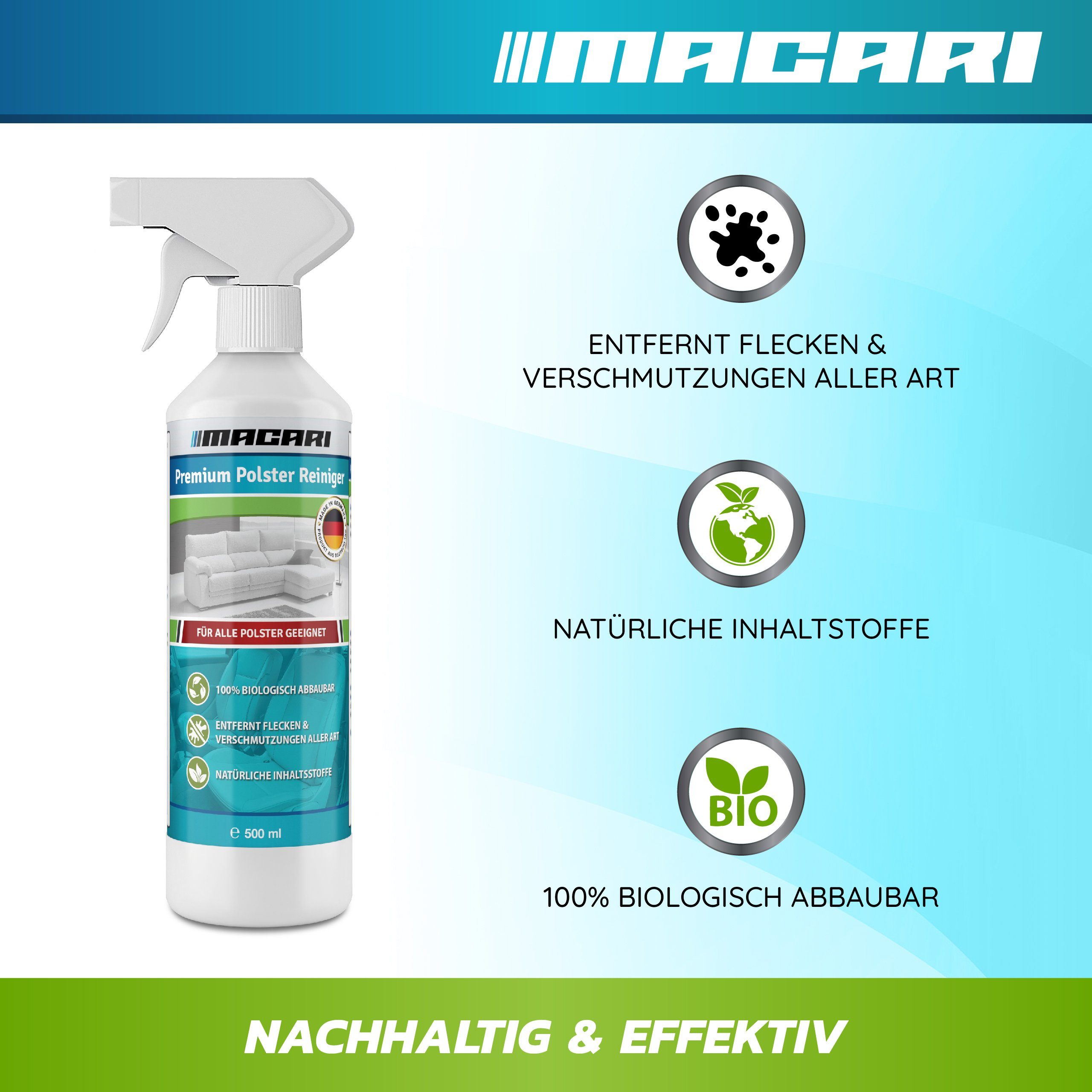 Macari 500 ml Premium Polsterreiniger Sofa & Auto, Couch, Matratzen, Autositz Polsterreiniger (Textilreiniger inkl. Polsterbürste alles in einem Set Made in Germany)