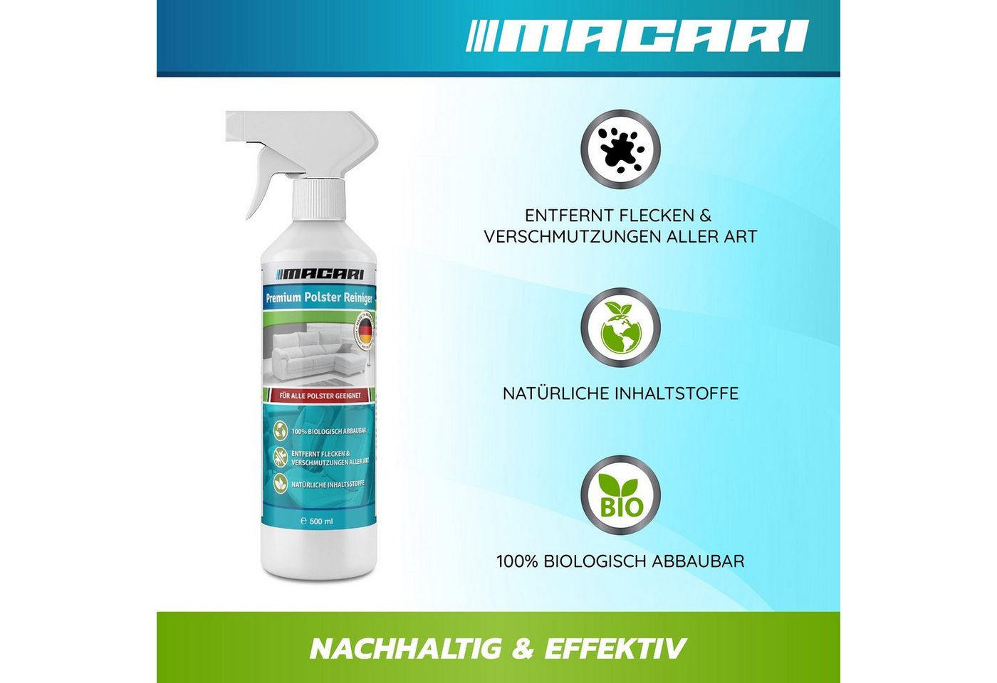 Thumbnail - Macari 500 ml Premium Polsterreiniger Sofa & Auto, Couch, Matratzen, Autositz Polsterreiniger (Textilreiniger inkl. Pols...