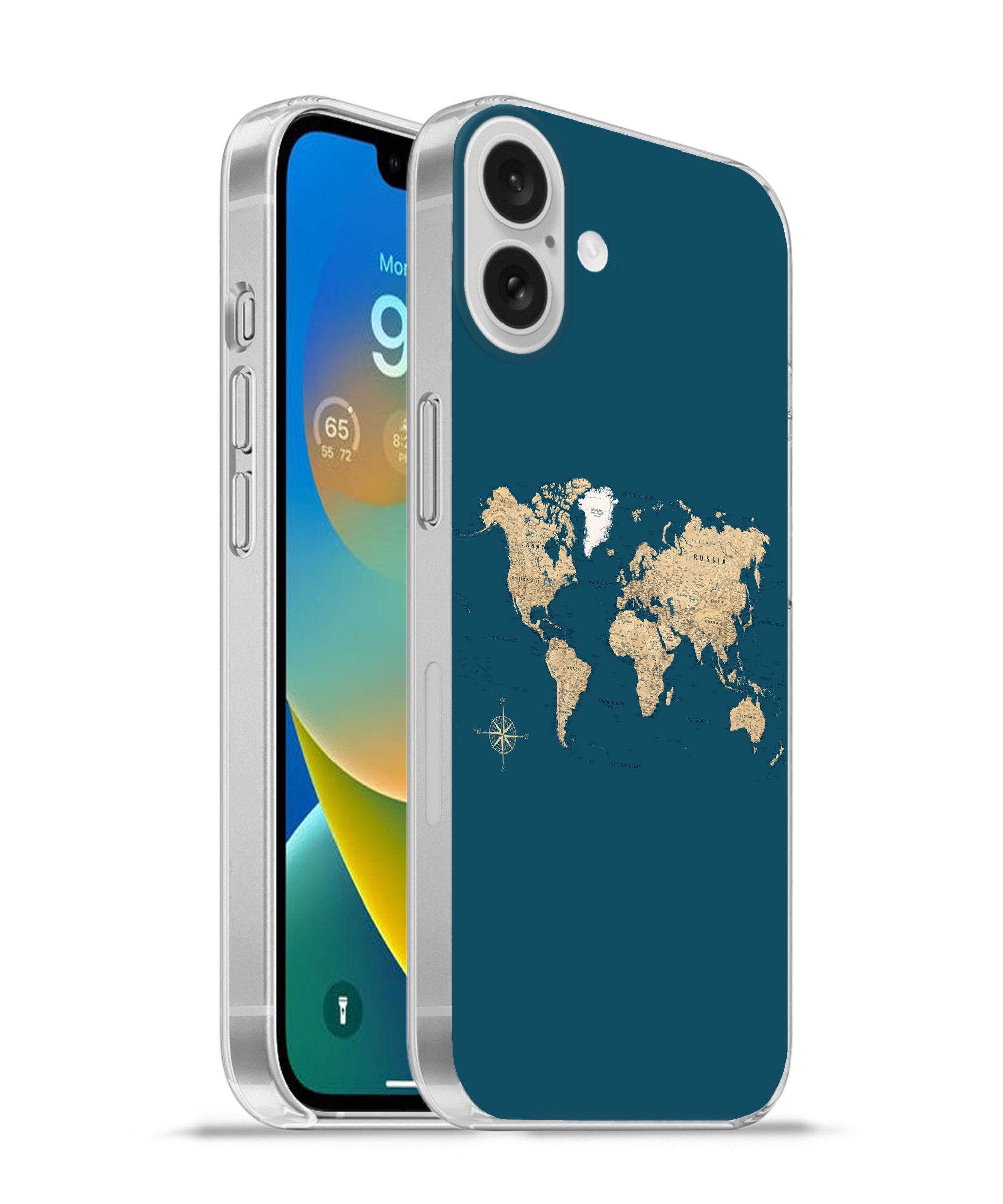 MuchoWow Handyhülle für Apple iPhone 16 Plus Weltkarte - Dunkelblau - Beige, Smartphone-Bumper, Print, Handy Schutzhülle Dünn
