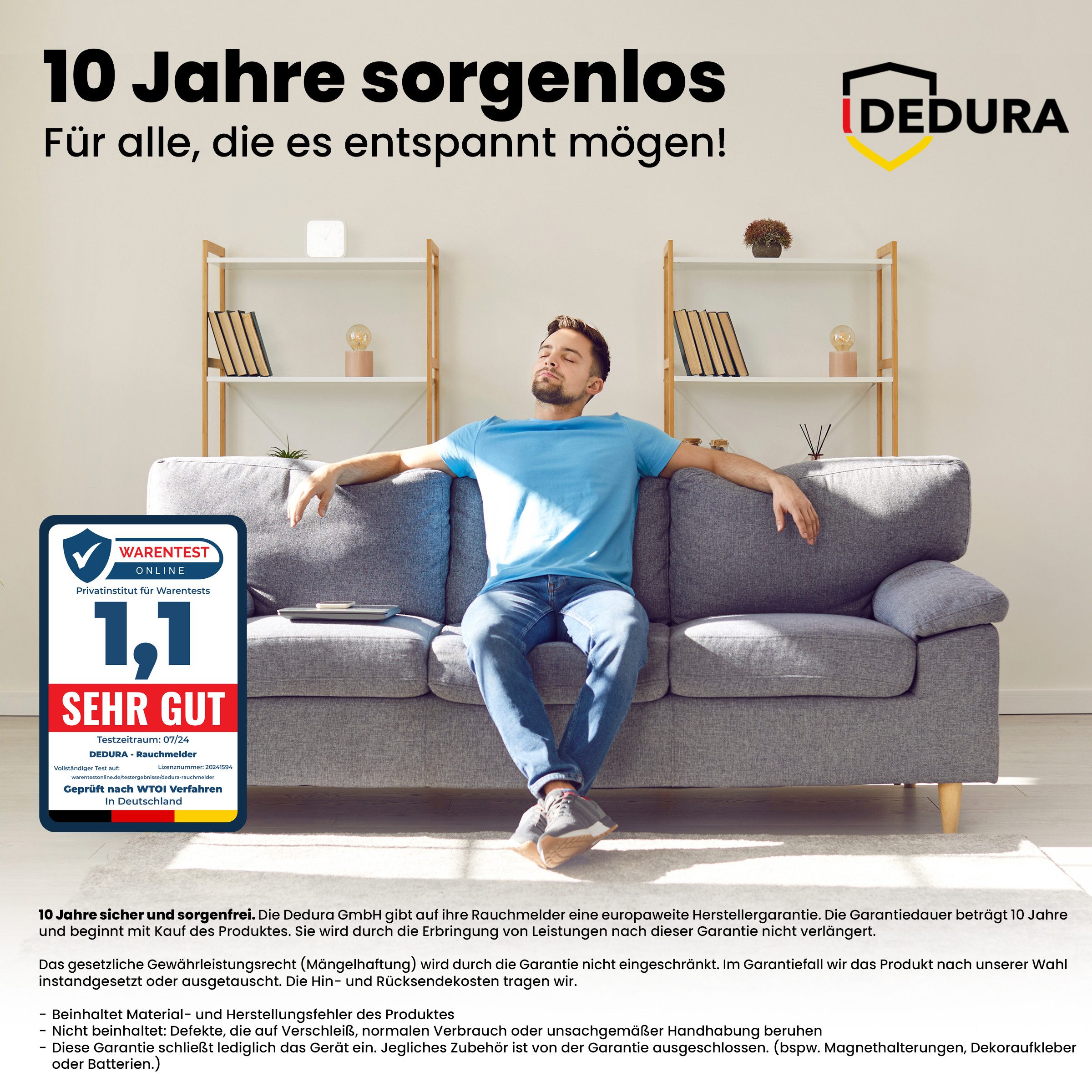 dedura Rauchmelder (10 Jahre Garantie BSI Zertifiziert nach DIN EN14604 inkl. 9V Batterie)