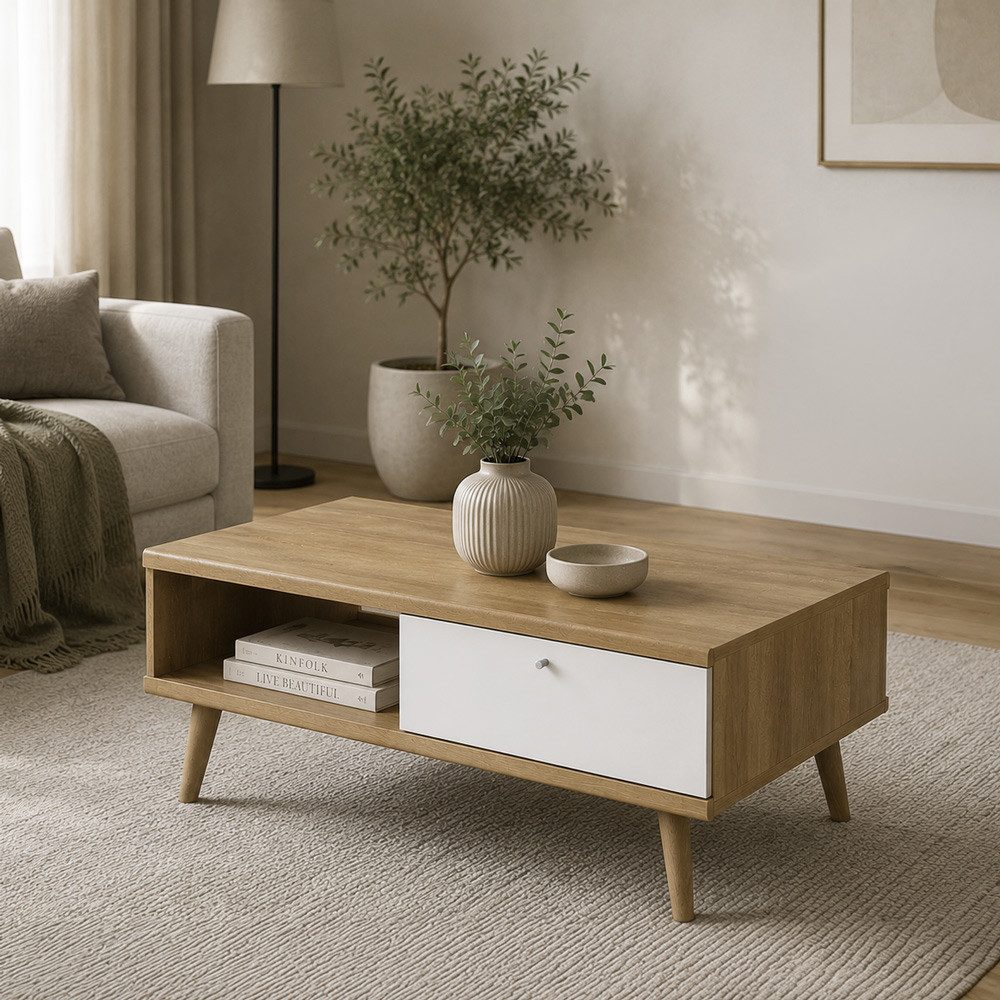 Lomadox Couchtisch POSITANO-160, in Eiche mit weißem Schubladen, 107 cm breit