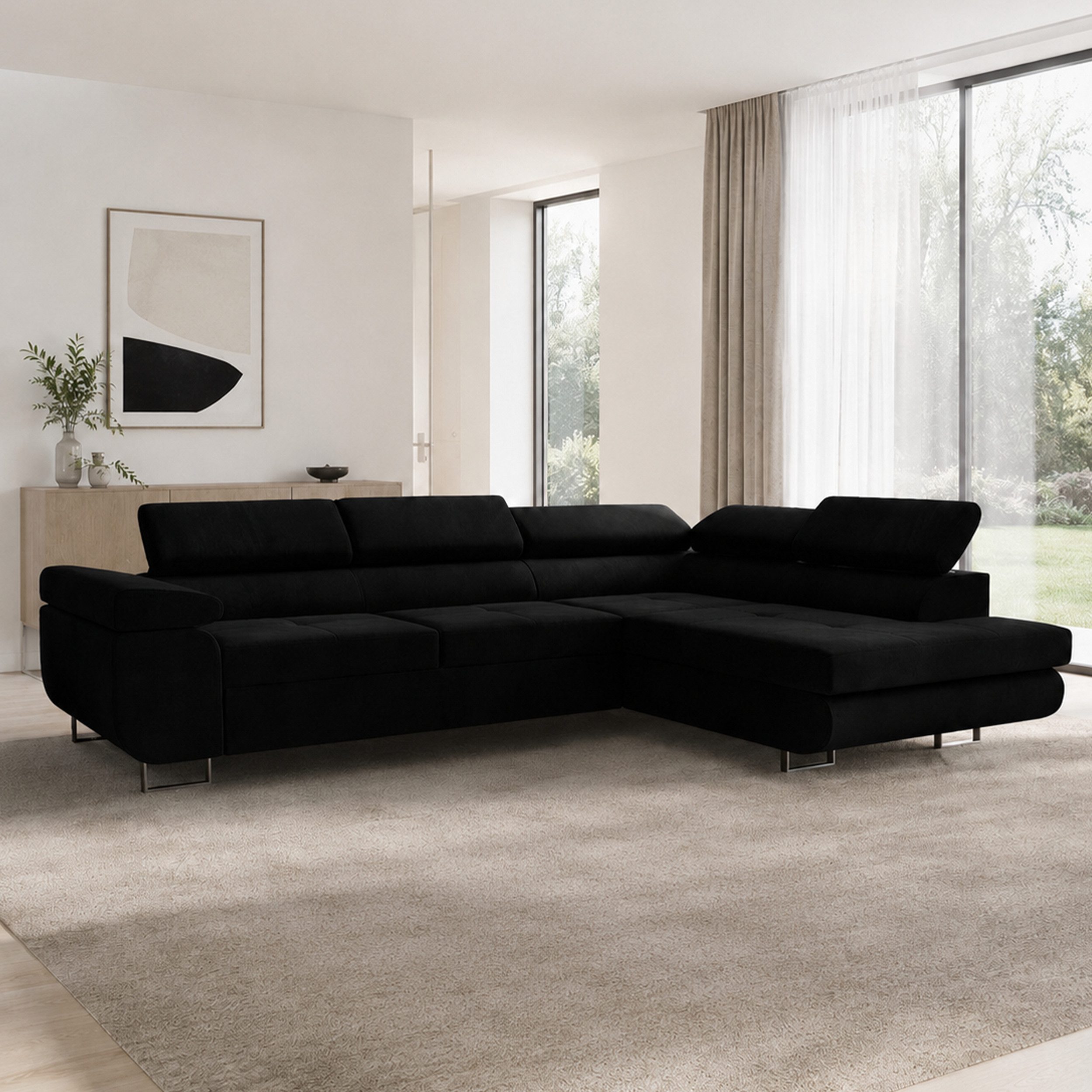 Goldstoff Ecksofa mit Schlaffunktion - Designersofa, Sofa mit Bettfunktion & Bettkasten, Schlafsofa RIVIA, multifunktionale Couch mit verstellbaren Kopfstützen in schwarz