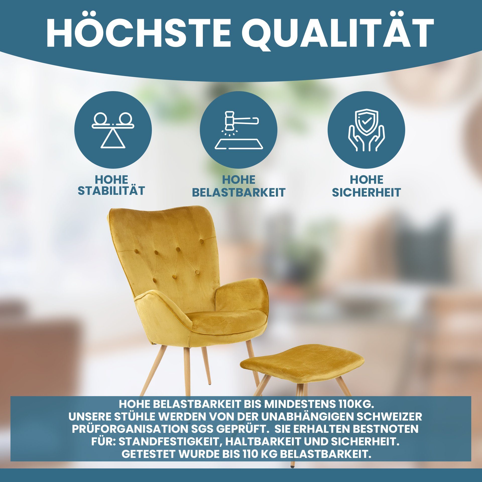 Albatros International Sessel Ohrensessel York gold Moderner Look Relaxsessel Lesesessel (Gold), Vintage u Stilvoll, Samt-Bezug - Eleganter und SGS geprüft