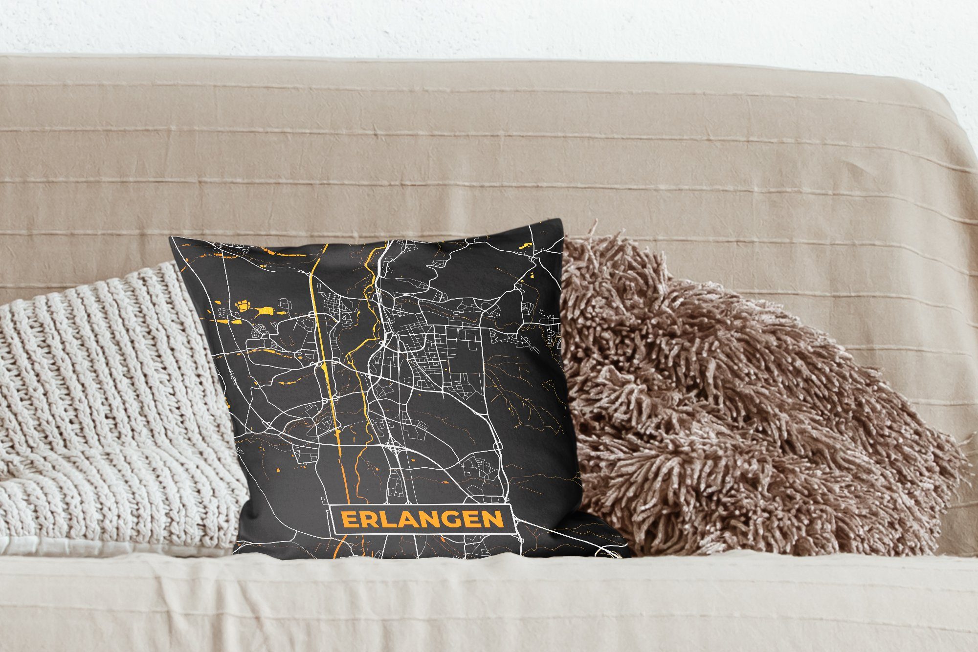 MuchoWow Dekokissen Karte - Erlangen - Deko, - für Sofakissen - Füllung Stadtplan Schlafzimmer, Zierkissen mit Gold Deutschland, Wohzimmer