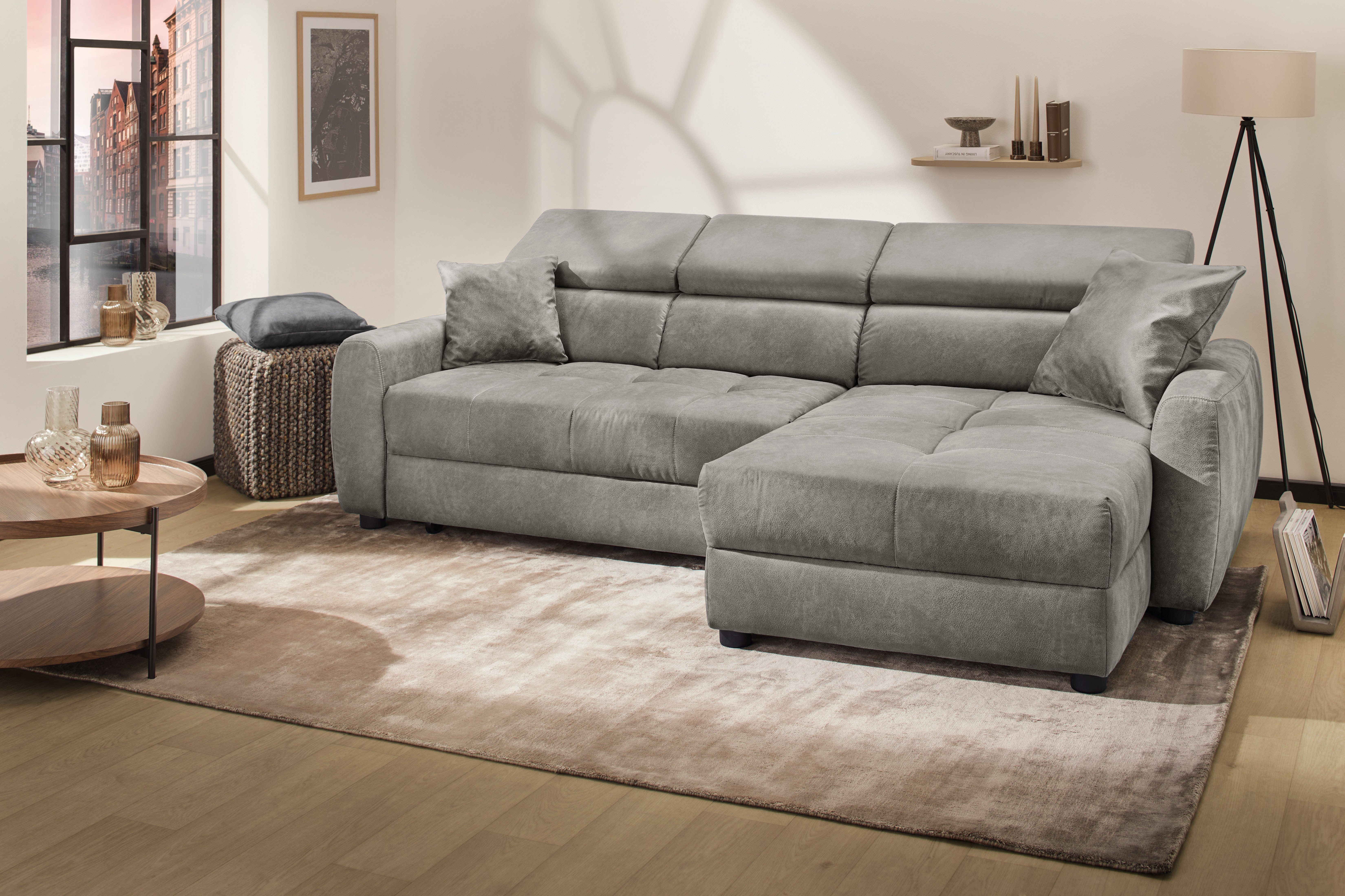 Jockenhöfer Gruppe Ecksofa Move, L-Form, B: 270cm, mit 60 cm elektrischer Sitztiefenverstellung, 140kg Belastbarkeit je Sitz, verstellbaren Kopfstützen & Zierkissen