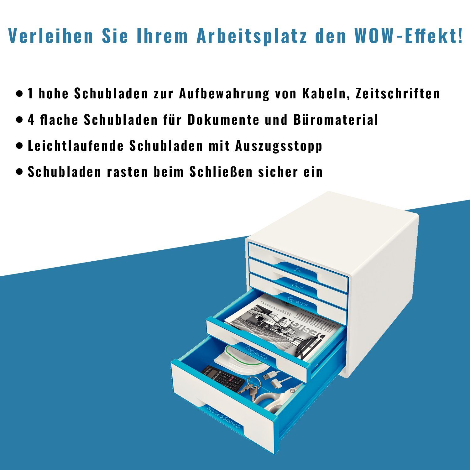 5 CUBE blau metallic Schubladen LEITZ Schubladenbox mit WOW,