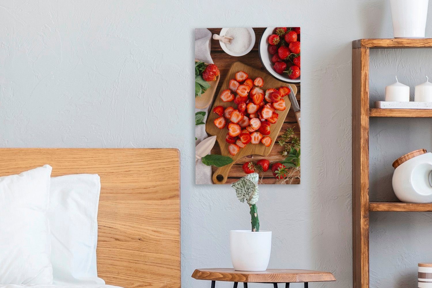 OneMillionCanvasses® Leinwandbild Erdbeeren auf einem Leinwandbild St), bespannt Gemälde, Schneidebrett, inkl. cm Zackenaufhänger, (1 20x30 fertig