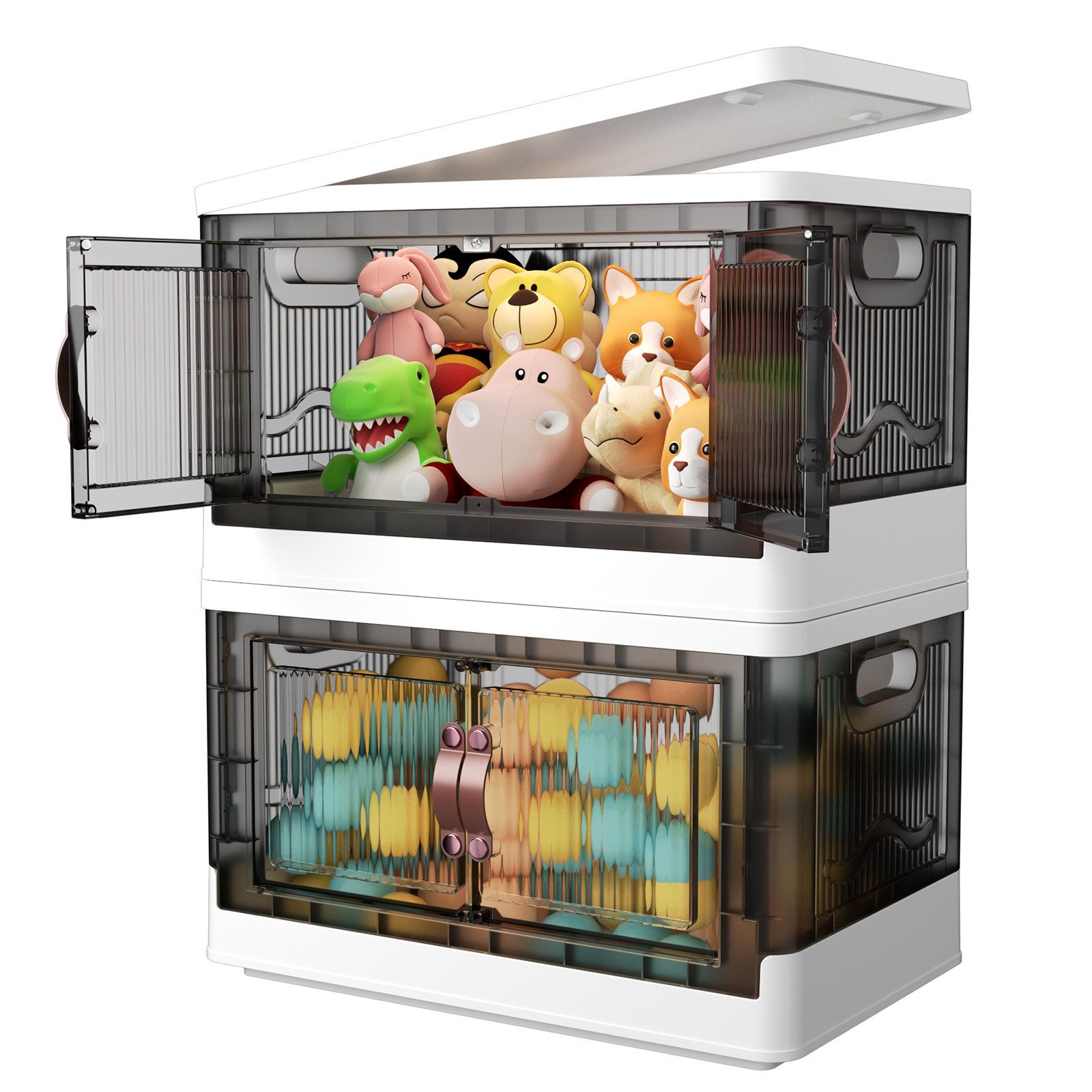 POPOLIC Aufbewahrungsbox 3/4 Etagen Faltbare Aufbewahrungsbox mit Deckel & Rollen (klappbare Aufbewahrungsbox mit Rollen, 2 St., 2 Türen tragbarer transparenter Aufbewahrungsordner), Vielseitiger Kunststoff-Aufbewahrungsboxen mit Deckel