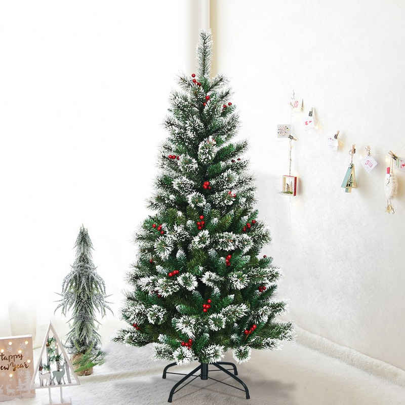 COSTWAY Künstlicher Weihnachtsbaum »Tannenbaum«, 150cm, mit 339 schneebedeckten Zweige, roten Beeren und Kiefernzapfen, inkl. Metallständer, grün