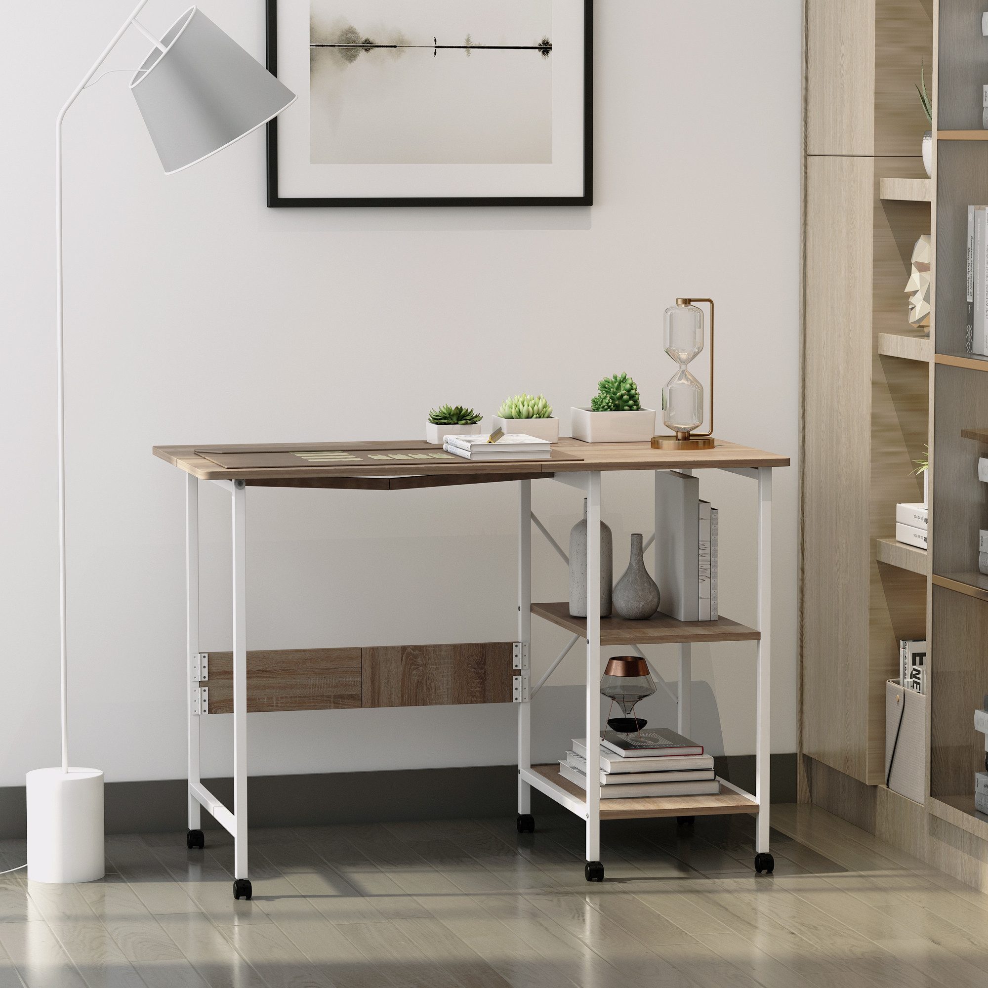 HOMCOM Schreibtisch Klapptisch Beistelltisch Bürotisch mit Rollen MDF Natur (Mobiler Computertisch mit Rollen, 1-St., MDF Natur), 107 x 55 x 76 cm