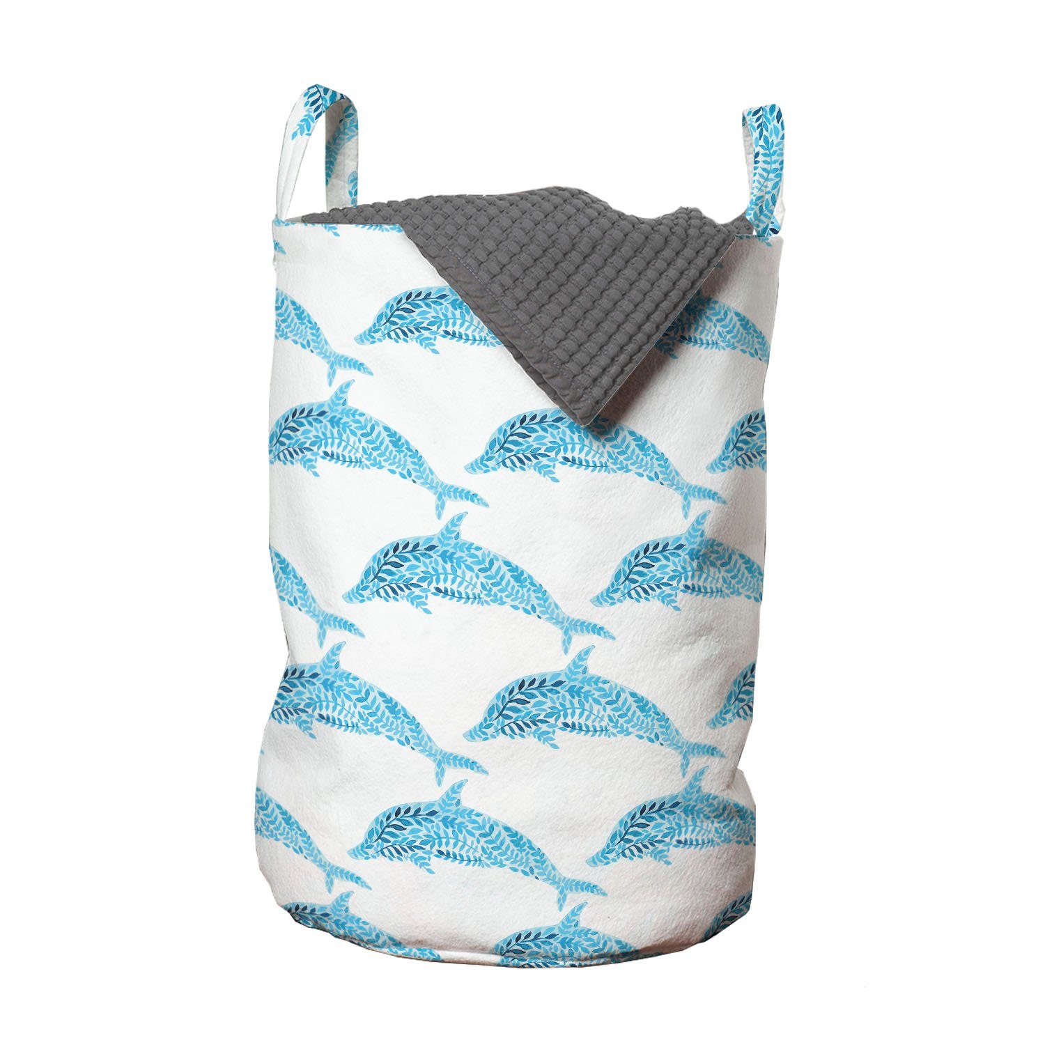 Abakuhaus Wäschesäckchen Wäschekorb mit für Aqua Kordelzugverschluss Meer Griffen Dolphins Leaves Waschsalons