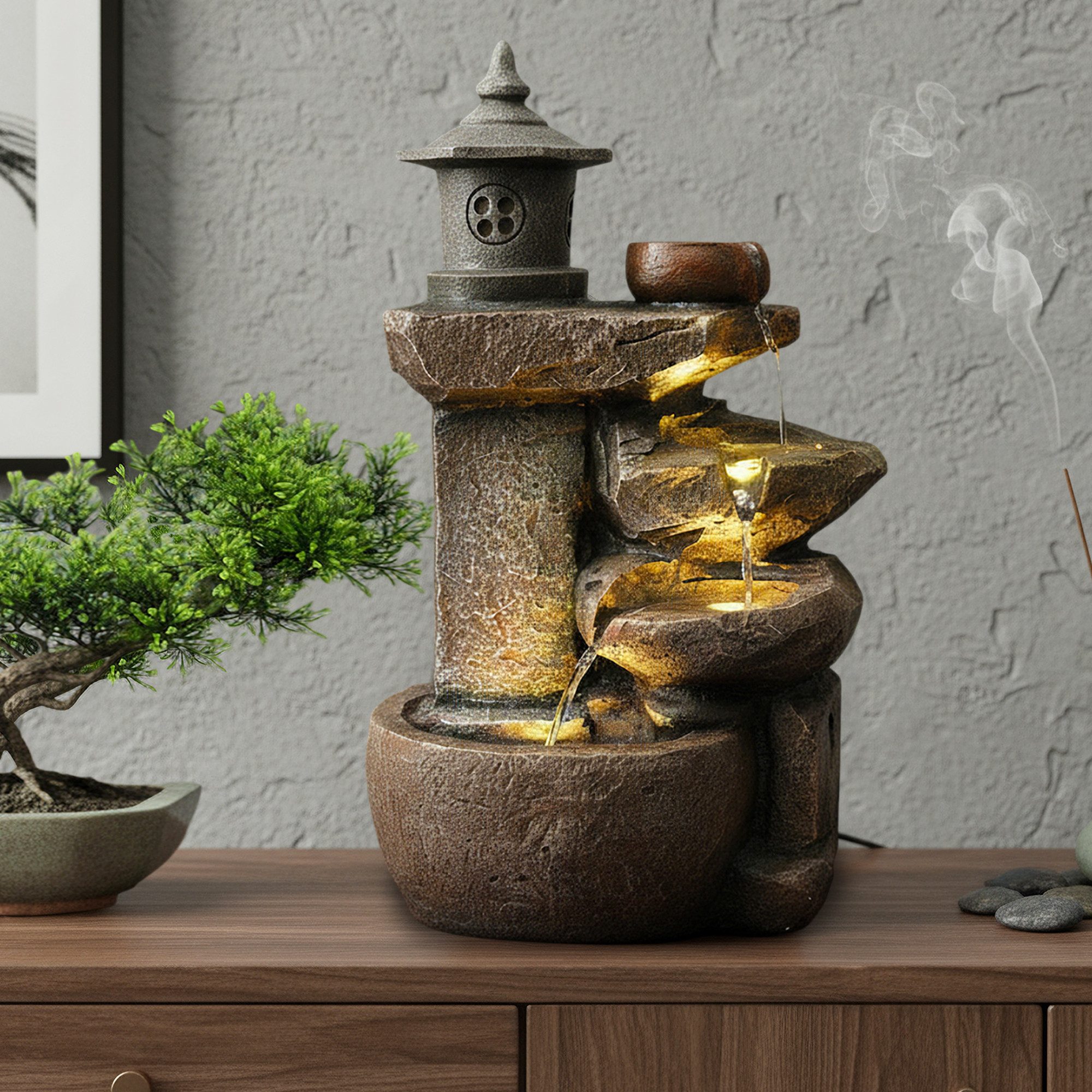 Arnusa Gartenbrunnen Zimmerbrunnen BK851 Springbrunnen Wasserfall Kaskade, Komplettset mit LED Beleuchtung 50 cm Höhe