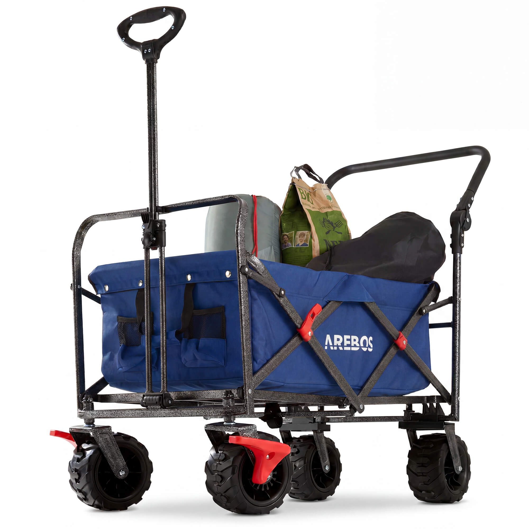 Arebos Bollerwagen Faltbarer Handwagen mit Dach – Transportkarre für Garten & Freizeit, PU-Räder und verstellbaren Griff