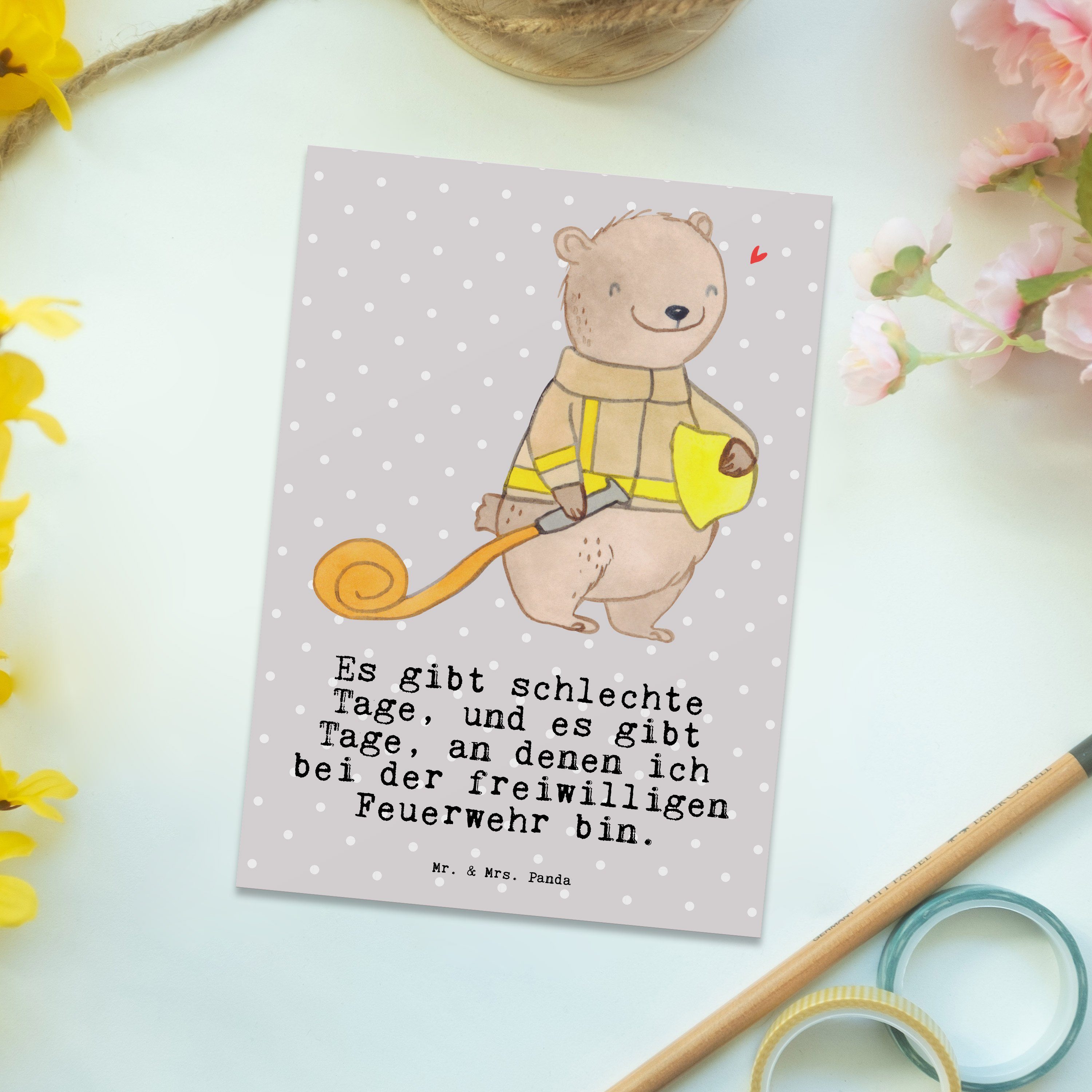 Freiwillige - Postkarte Geschenk, Mrs. & Mr. Feuerwehr Bär - Pastell Grau Tage Panda Ansichtskar