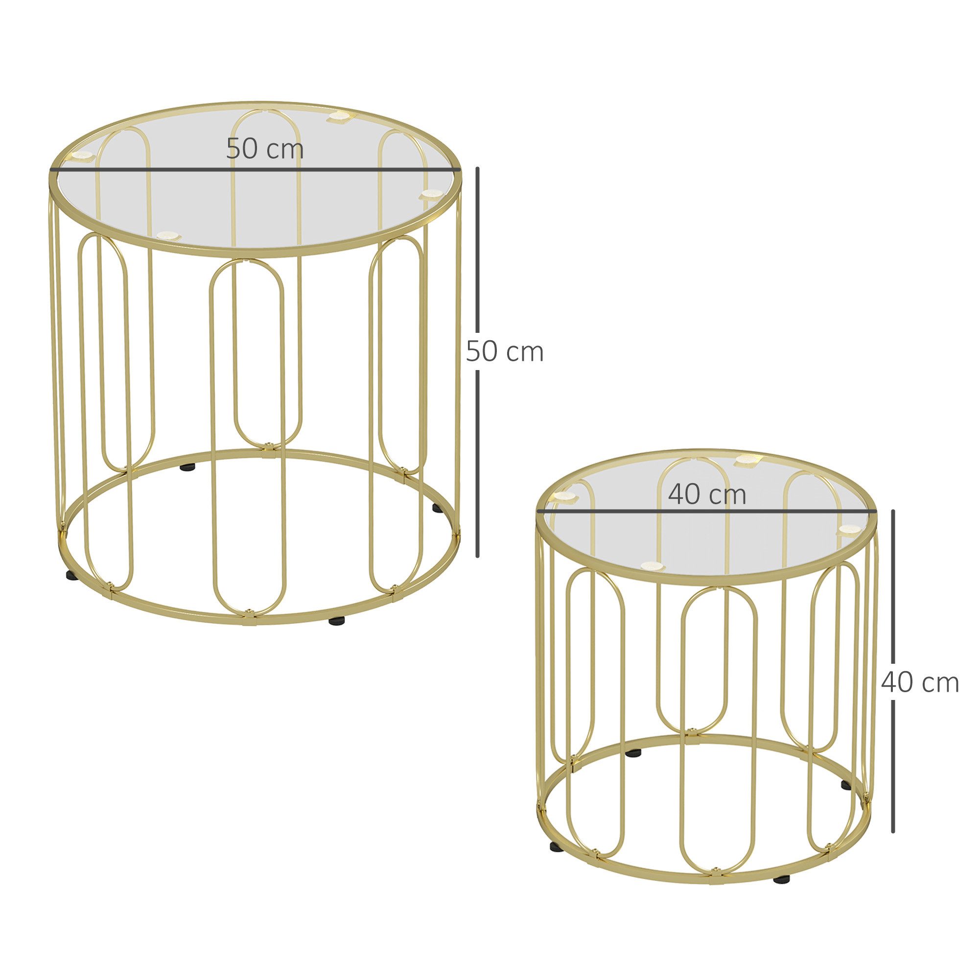 HOMCOM Couchtisch Beistelltisch Set Sofatisch mit geometrischem Metallrahmen, Glasplatte (Wohnzimmertisch, 2-St., Kaffeetisch), für Wohnzimmer, Gold