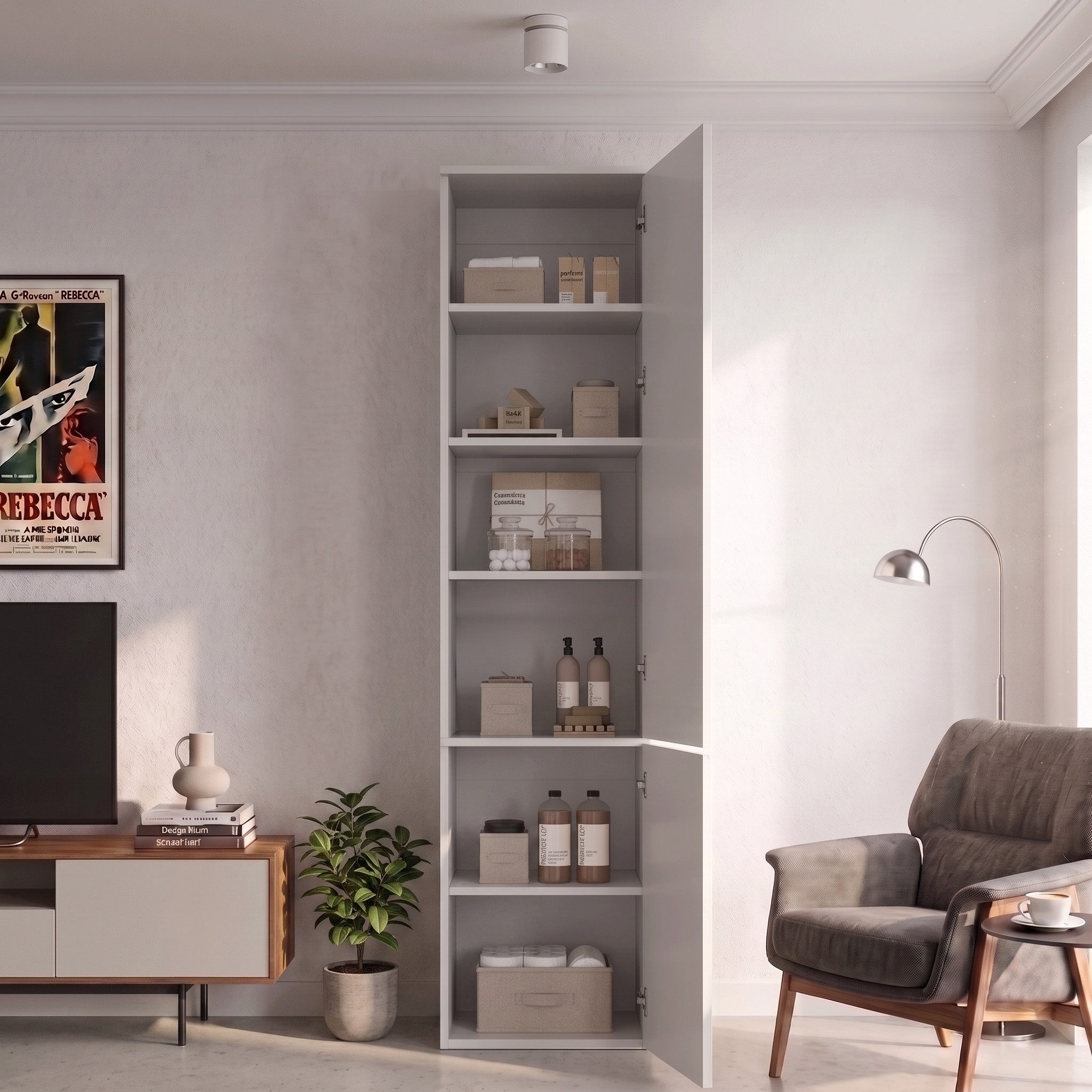 Flieks Hochschrank schmaler Badkommode 6 Ebenen Multifunktionsschrank mit 2 Türen (B47xT50xH200 cm, 1-St., Schrank für Schlafzimmer, Wohnzimmer, Esszimmer, Arbe – Bild 5 von 5