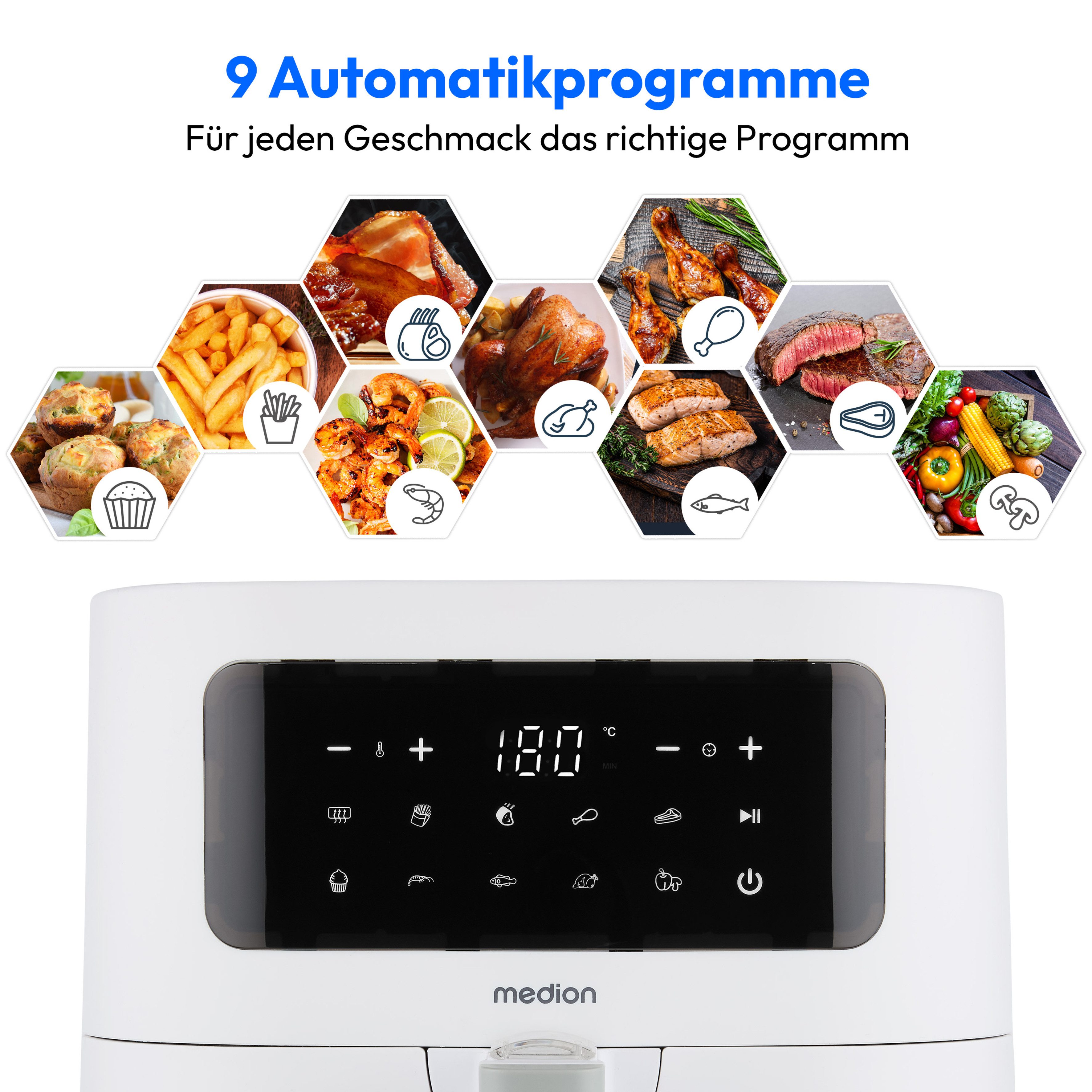 Medion® Heißluftfritteuse MD 11740 E40 XL matt weiß, 2000 W, digitales Bedienfeld, 9 Automatikprogramme