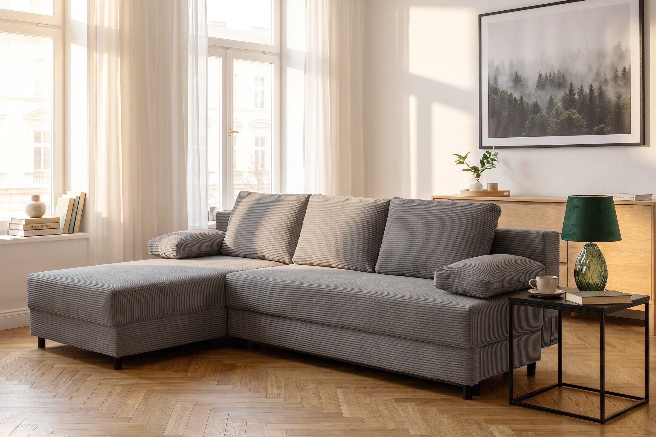 OTTO home Schlafsofa ONNIKO Ecksofa L-Form Cord, Breite: 240 cm, softer Cord-Bezug, mit Bettfunktion & Bettkasten (Liegefläche 120/240 cm)