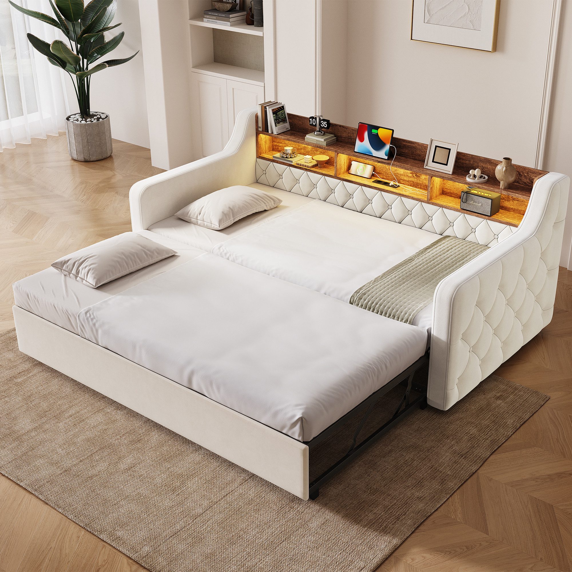 Celya Polsterbett Schlafsofa Samt-Sofabett 90x190 cm mit Ausziehbett, LED-Beleuchtung (ohne Matratze, mit Stauraum-Holzkopfteil, USB- und Type-C-Anschluss)