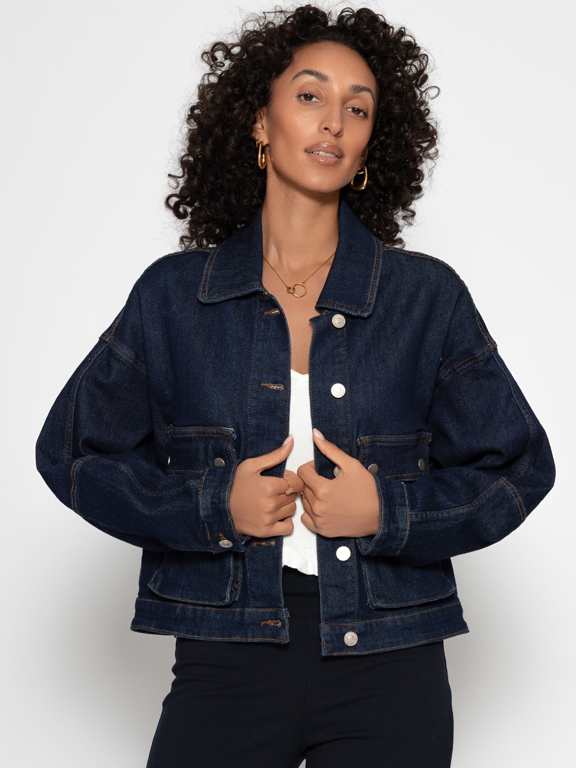 SASSYCLASSY Jeansjacke Oversize Jeans Jacke mit Taschen für Damen Jeans Jacke mit großen Seitentaschen lässiger Schnitt dunkelblau