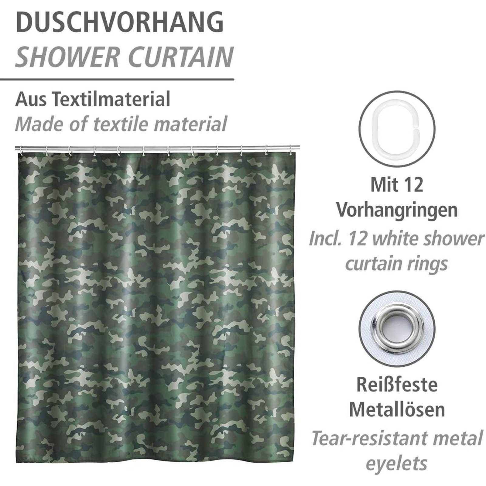 WENKO Duschvorhang Wannenvorhang Badewannenvorhang Camouflage Breite 180 cm, 180 x 200 cm mit 12 Duschvorhangringen