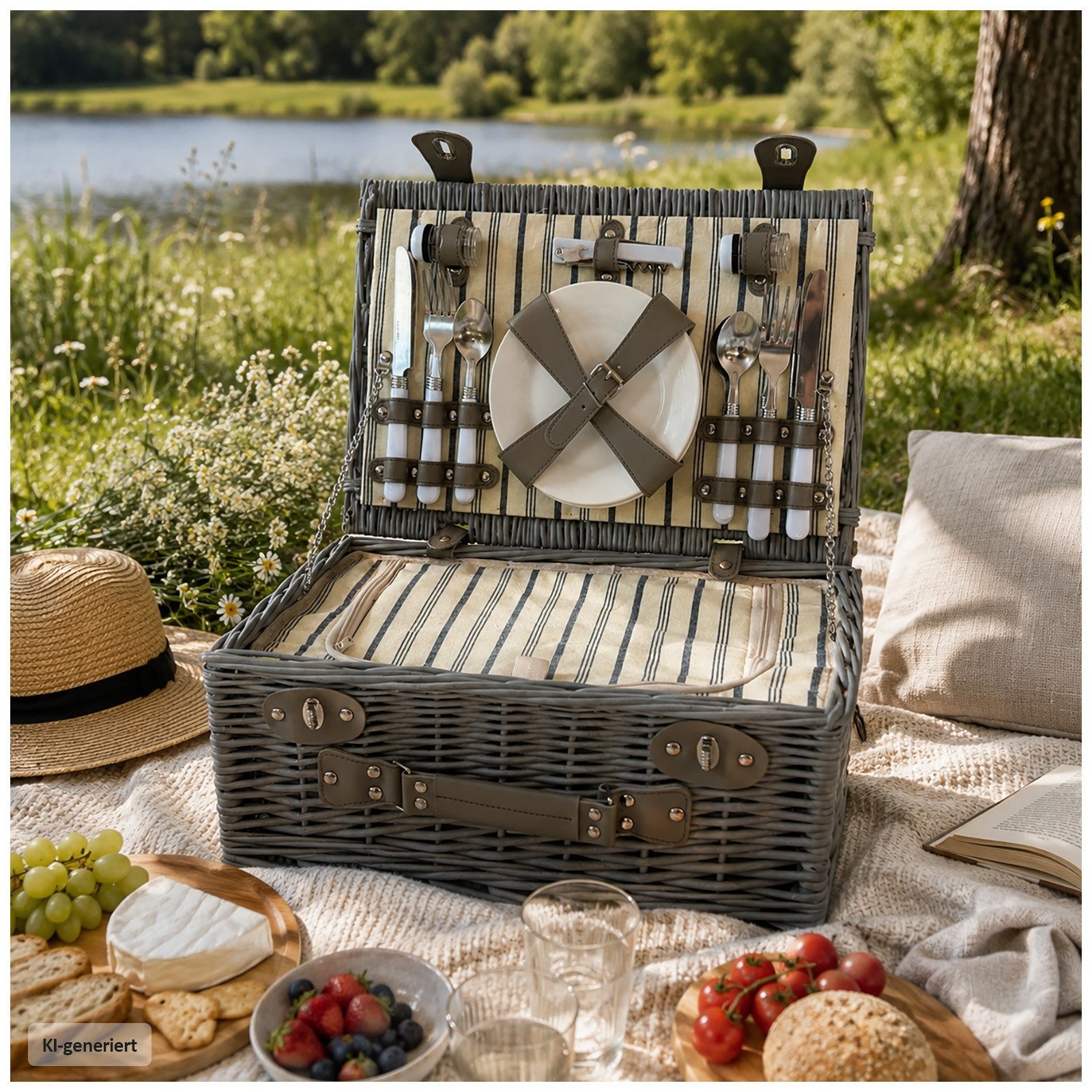 HTI-Living Picknickkorb Picknickkorb für 4 Personen Finie Grau (Stück, 1 St., 1 Picknickkorb inkl. Geschirr), Weidenkorb mit Geschirr und Kühlfach