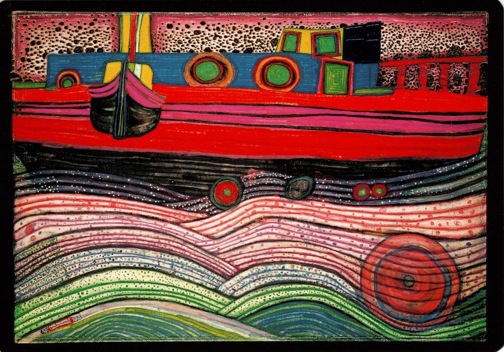 liebe Kunstkarte "Regentag Hundertwasser Postkarte auf Wellen"
