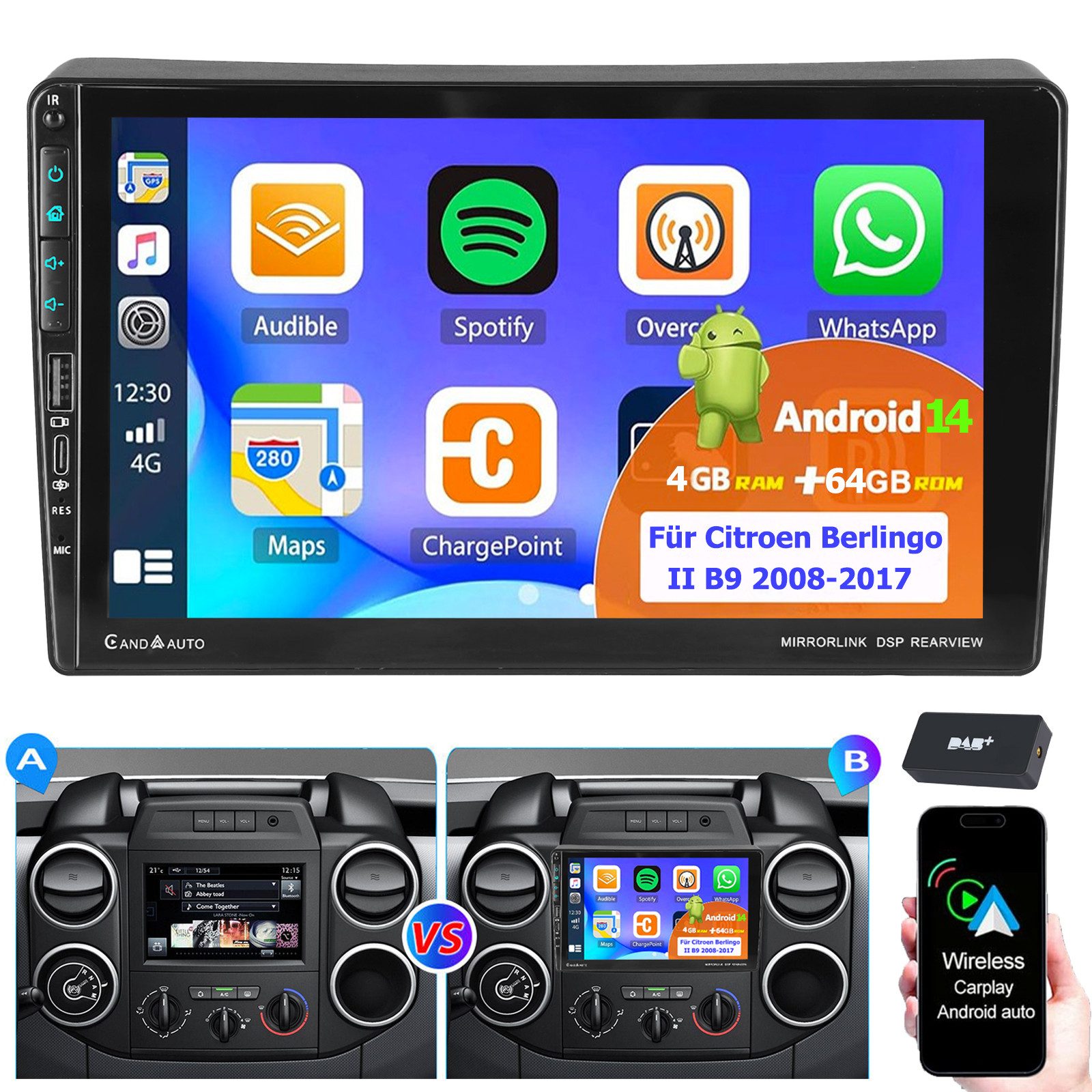 ESSGOO DAB+ Android 14 Autoradio Für Citroen Berlingo Peugeot Partner Type-C Autoradio (DAB (optional), DAB+ (optional), 4+64GB(optional), RDS, AM, FM, Carplay Android Auto Bluetooth EQ USB GPS Navi WIFI Touchscreen)
