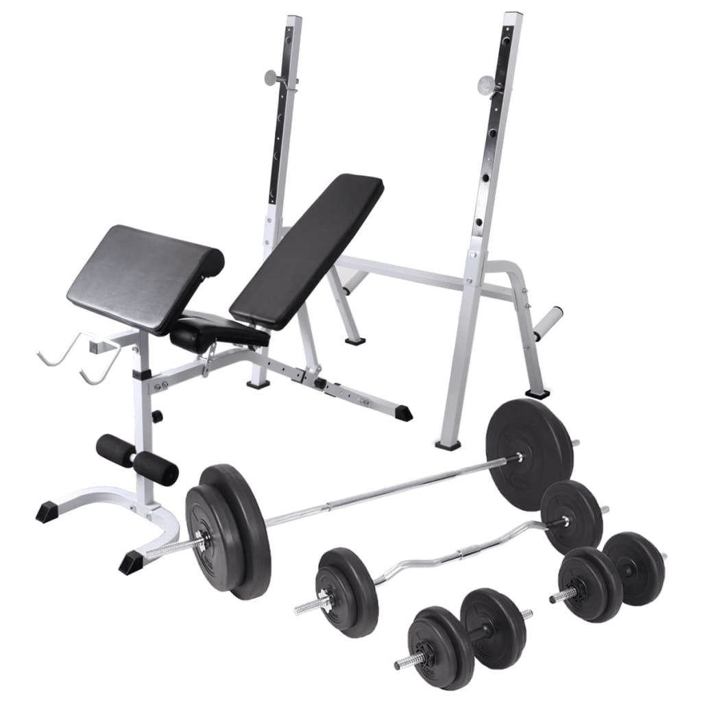 vidaXL Trainingsstation Hantelbank mit Ablage, Langhantel und Kurzhantel-Set 90 kg
