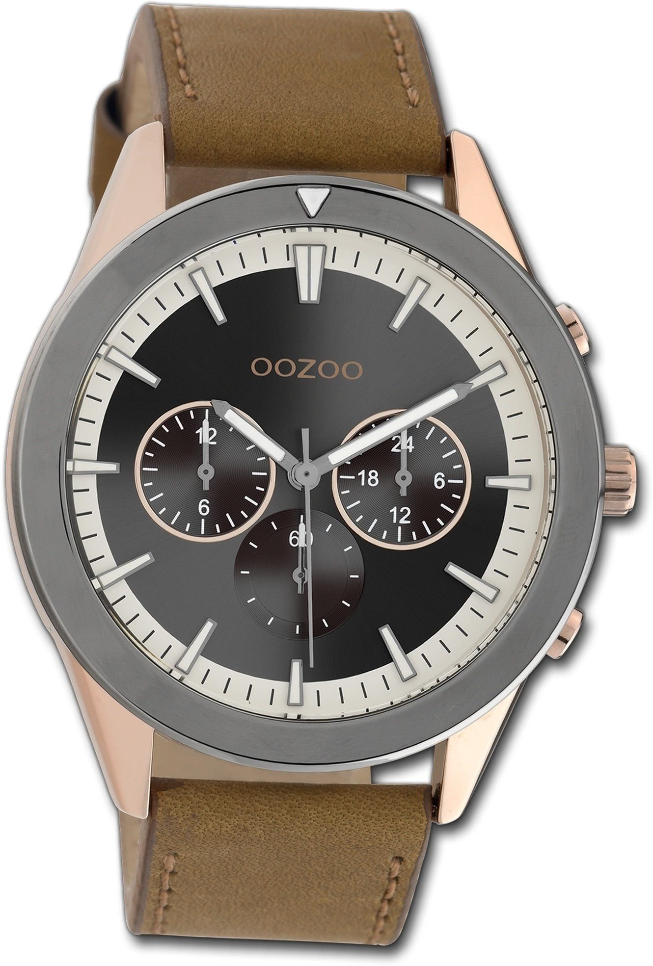 OOZOO Quarzuhr Oozoo Herren Armbanduhr groß Timepieces, braun, (ca. 45mm) Lederarmband rundes Herrenuhr Gehäuse