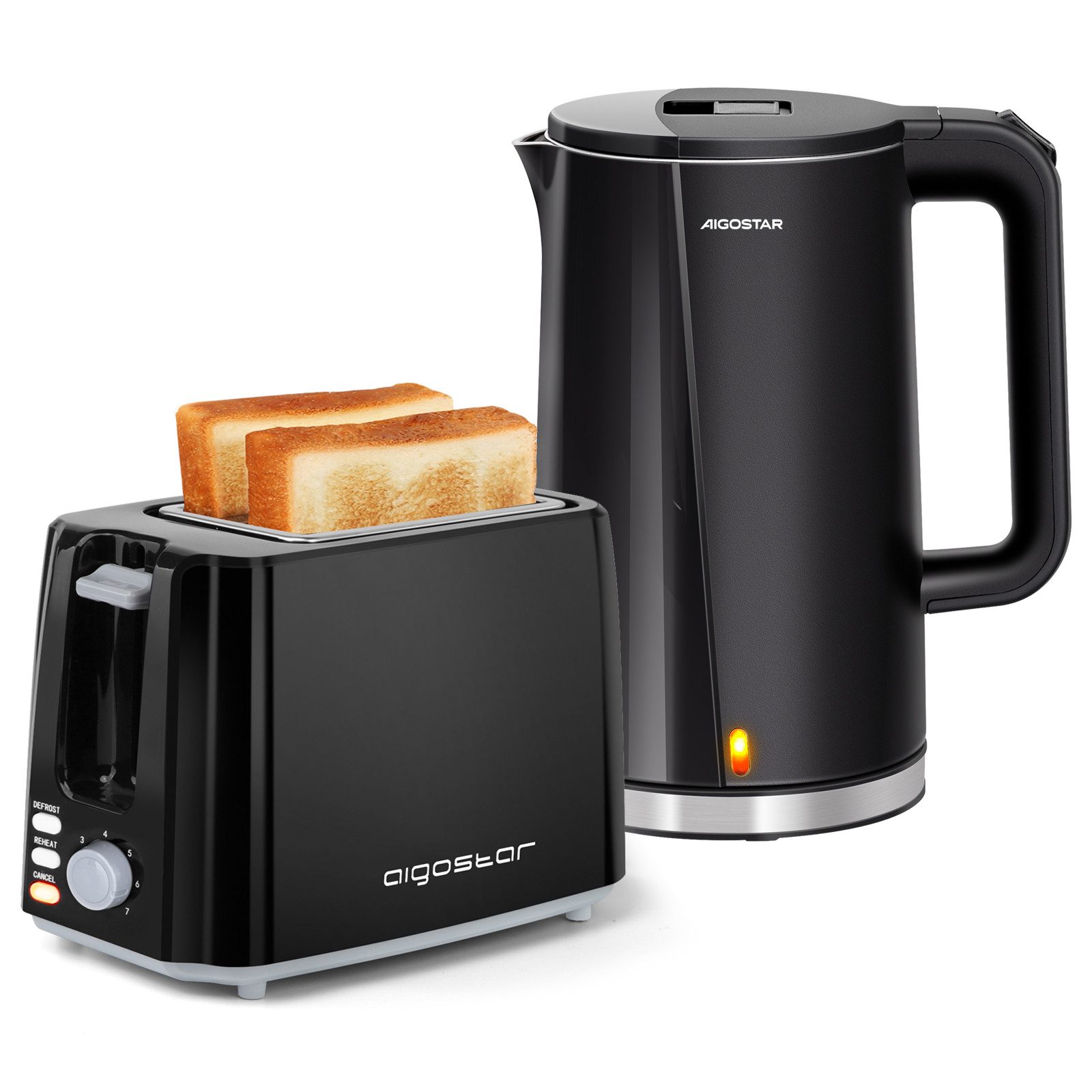 Aigostar Frühstücks-Set Doppelwandiger Wasserkocher aus Edelstahl 1,7L/ 2-Scheiben Toaster, Schnelles Erhitzen, Automatische Abschaltung und Kalkfilter