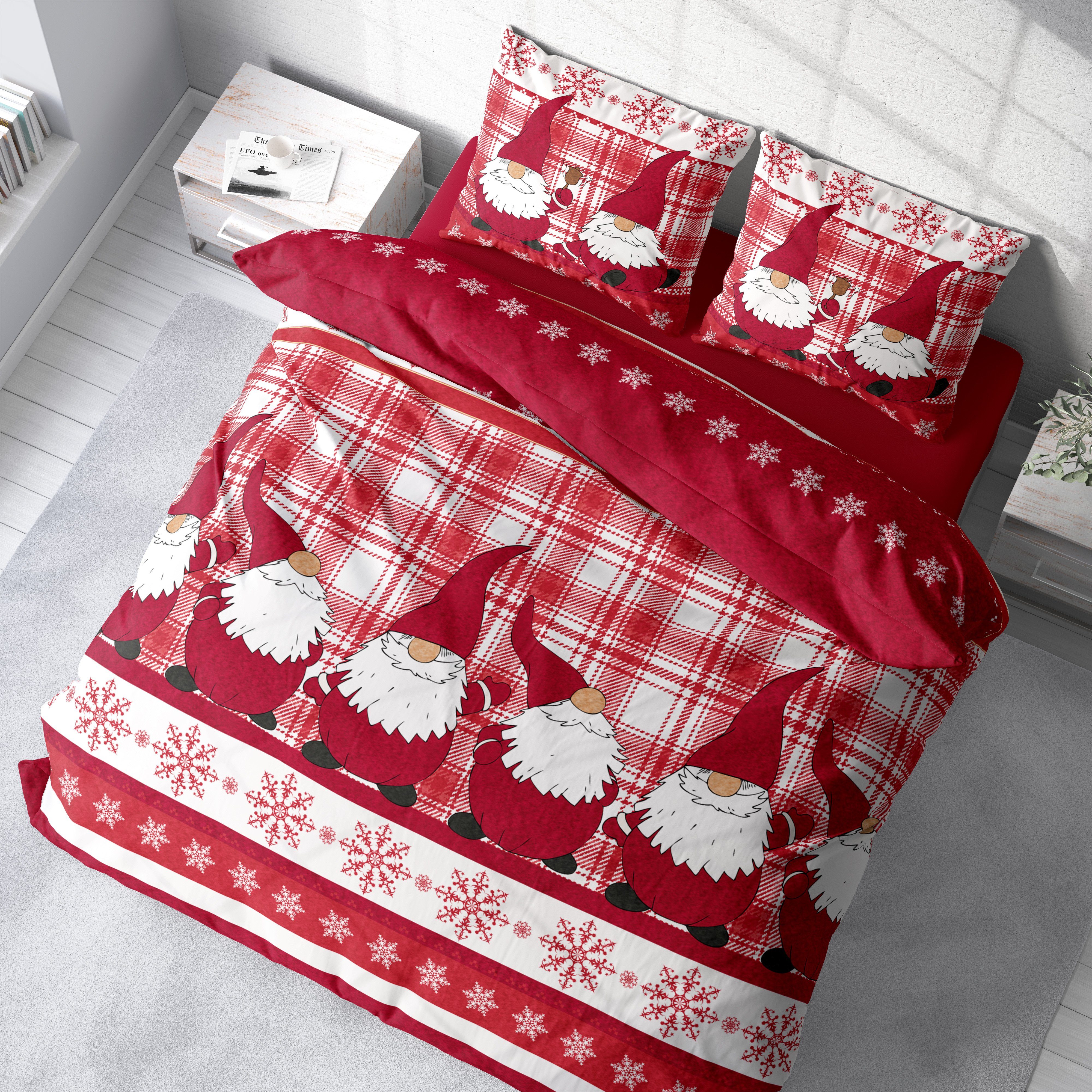 One Home Bettwäsche Wichtel Weihnachten Weihnachtsbettwäsche, Fleece, 3 teilig, Christmas kariert, kuschelig flauschig warm weich Winter Doppelbett – Bild 4 von 5