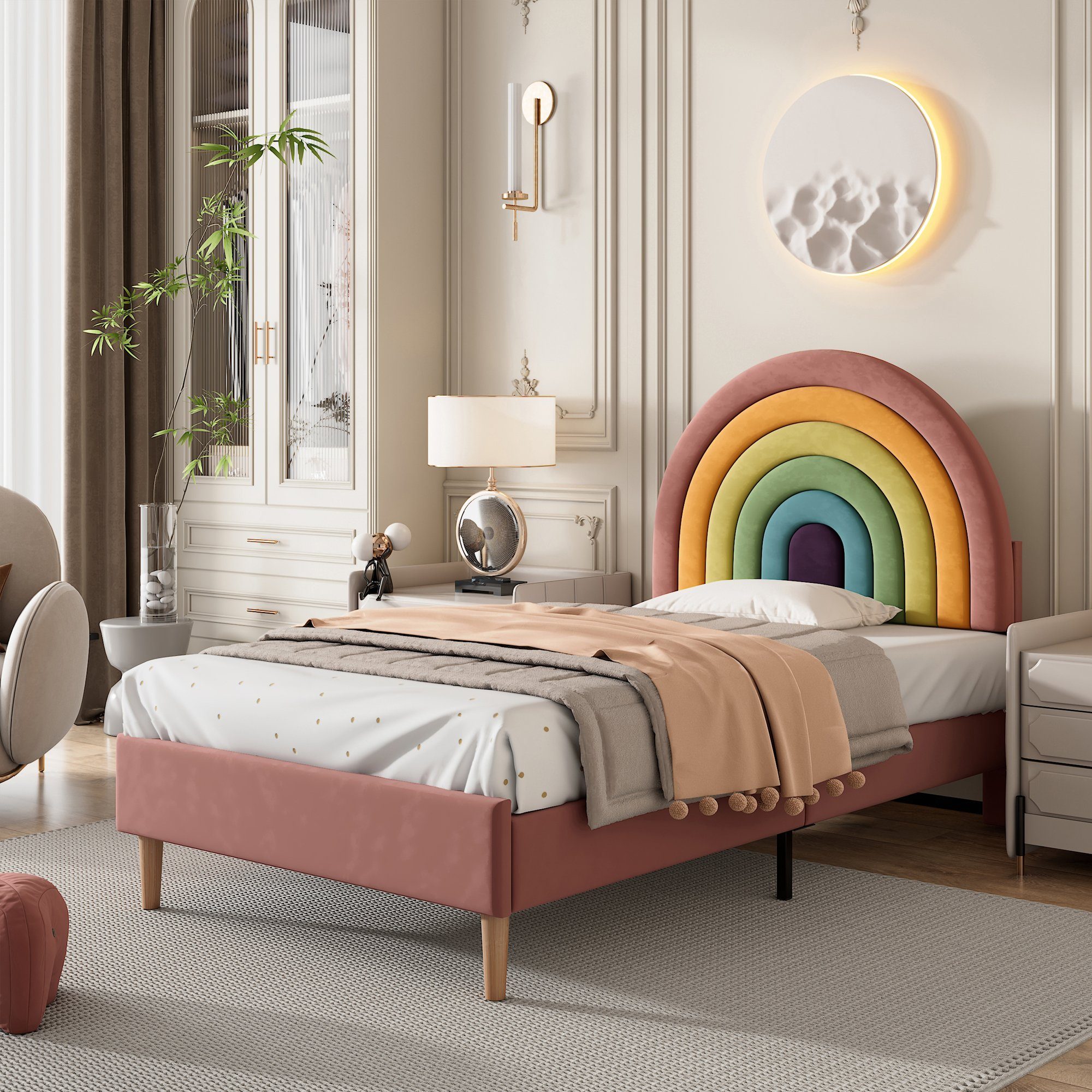 Flieks Polsterbett, Kinderbett mit verstellbarem Regenbogen-Kopfteil günstig online kaufen
