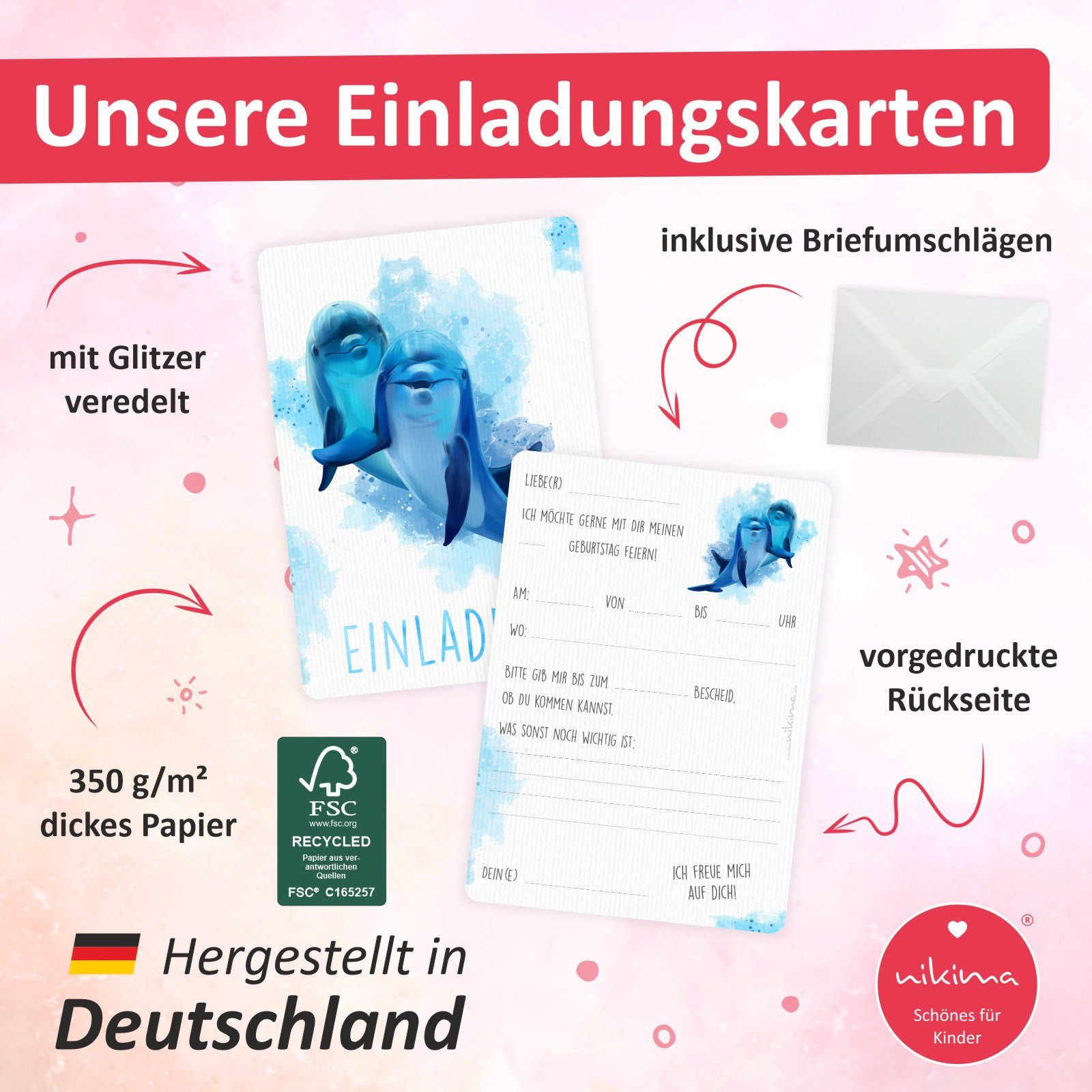 nikima Einladungskarten 10 Einladungskarten Delfine inkl. Umschlag