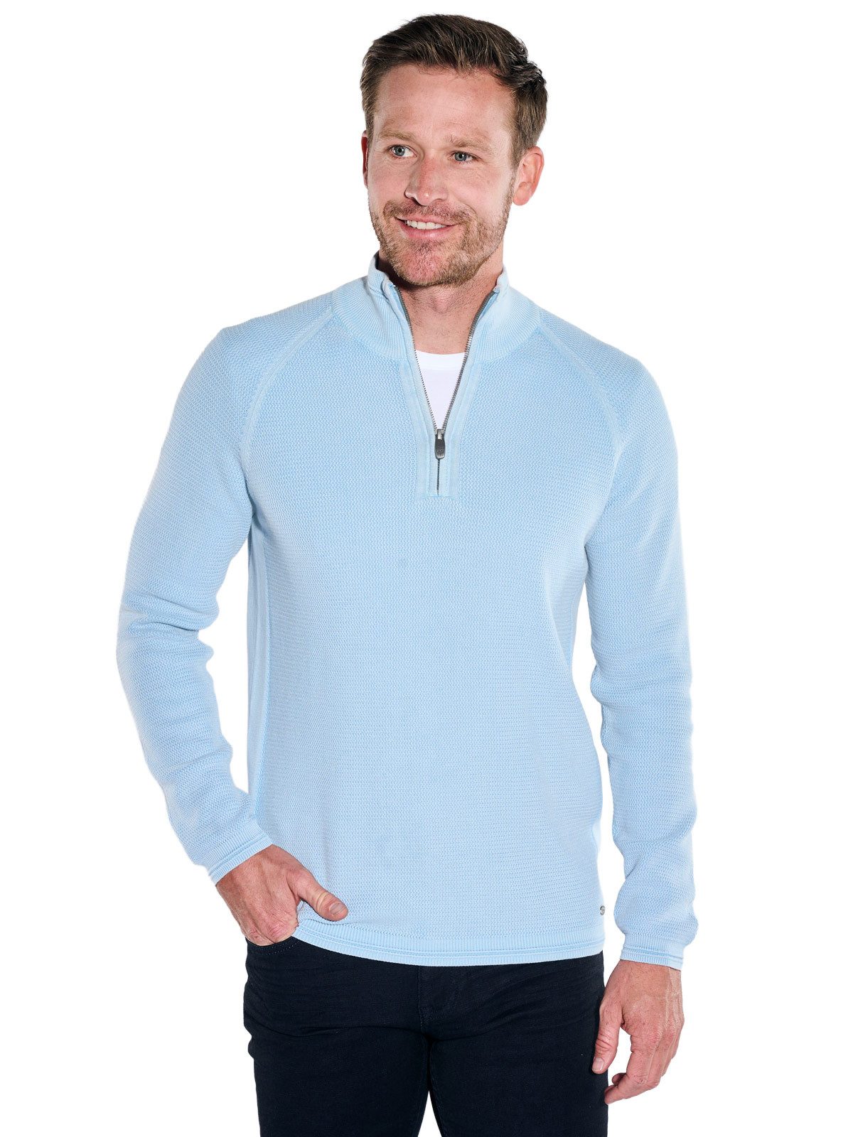 Engbers Stehkragenpullover Herren Stehkragen-Pullover mit Reißverschluss, Hellblau