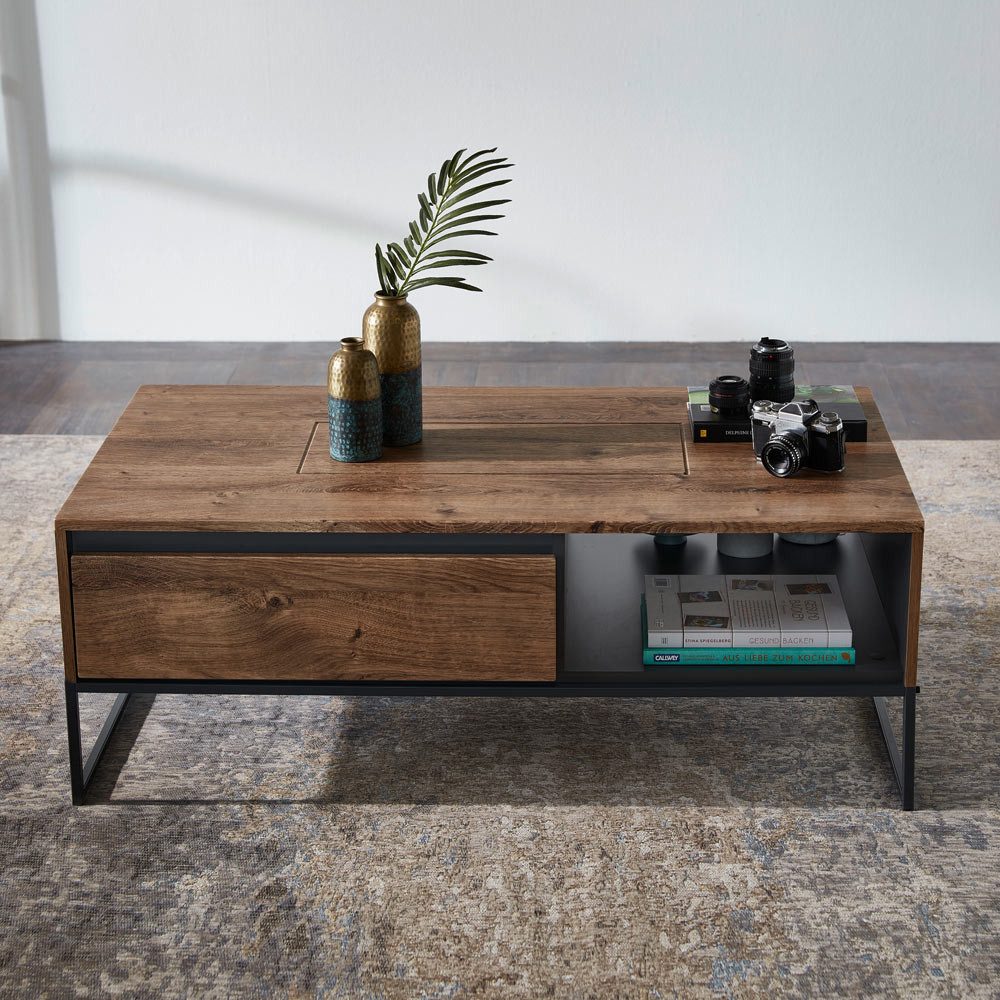 Lomadox Couchtisch MINNEAPOLIS-55, Haveleiche Cognac mit graphit im Industrial-Design 115/42/65cm