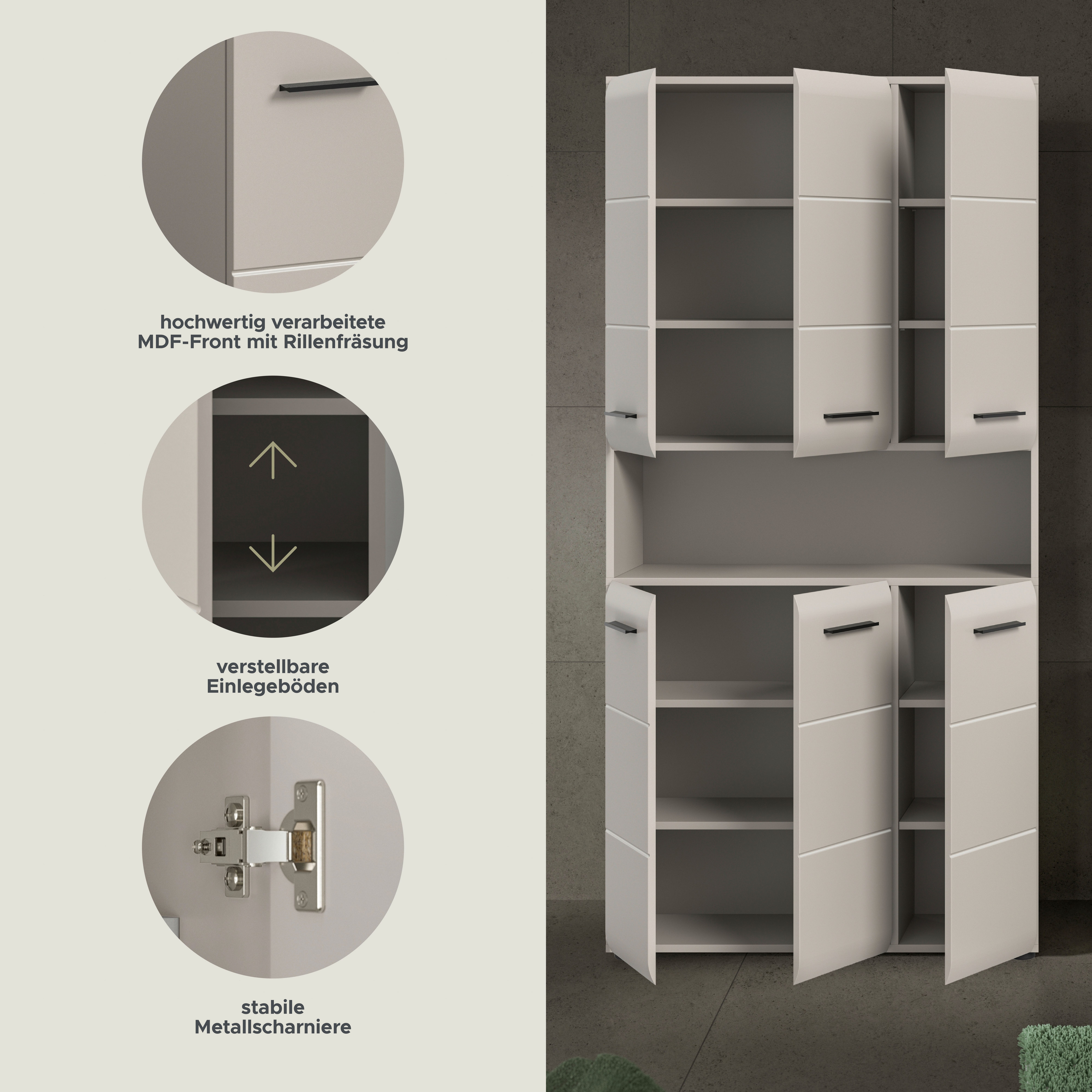 welltime Stauraumschrank FLORENZ, Höhe 185 cm, 4 oder 6 Türen, viel Stauraum (1-St., TOPSELLER) hochwertige MDF Front, Griff schwarz, Badschrank, Bad – Bild 3 von 5
