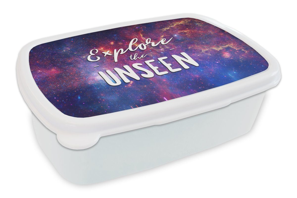 MuchoWow Lunchbox Zitate - Sprichwörter - 'Das Unsichtbare erforschen' - Der Weltraum -, Kunststoff, (2-tlg), Brotbox für Kinder und Erwachsene, Brotdose, für Jungs und Mädchen weiß