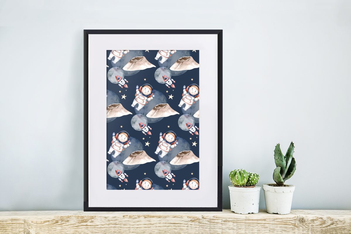 Gerahmtes - MuchoWow Mädchen - St), mit (1 - Kunstdruck, Kind, - - Rahmen, Jungen Poster, Schwarzem Poster Weltraum Rakete Bilderrahmen Astronaut