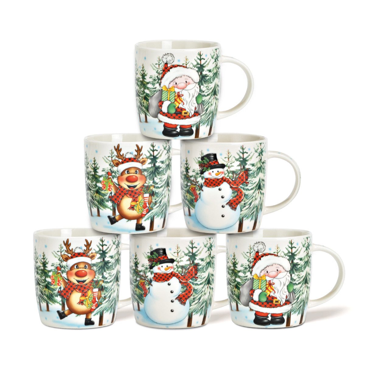 matches21 HOME & HOBBY Tasse Weihnachtstassen 6er Set lustige Weihnachtsmotive, 6-tlg., Porzellan, Tee Kaffee-Becher, Weihnachten, modern, bunt, 340 ml