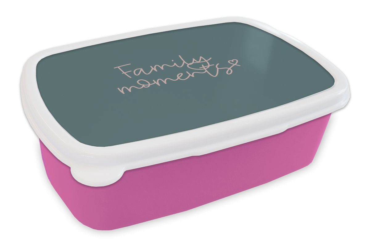 MuchoWow Lunchbox Zitate - Sprichwörter - Familienmomente, Kunststoff, (2-tlg), Brotbox für Erwachsene, Brotdose Kinder, Snackbox, Mädchen, Kunststoff rosa